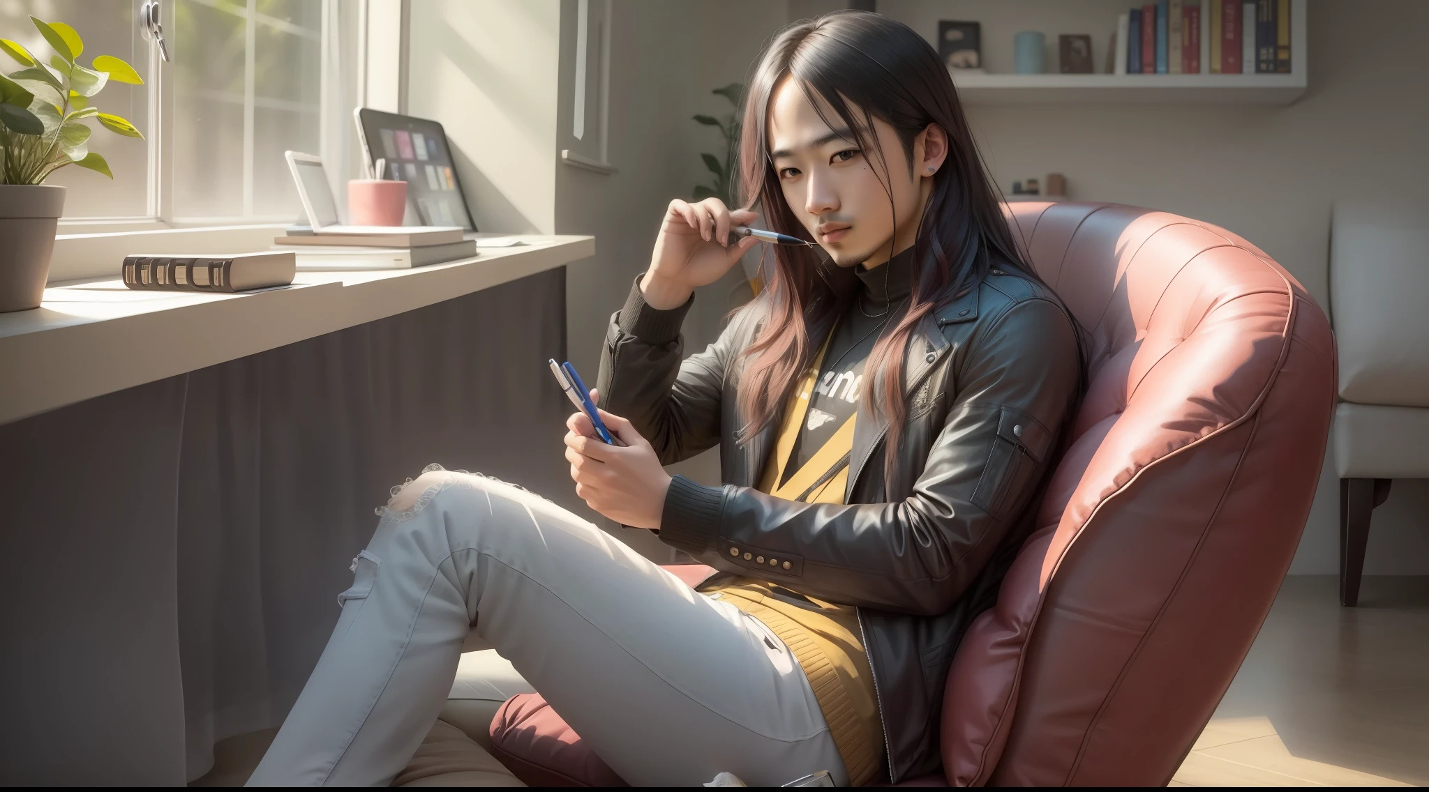 masterpiece, best quality, 1boy, sitting,chair,pen,holding_pen,long hair
