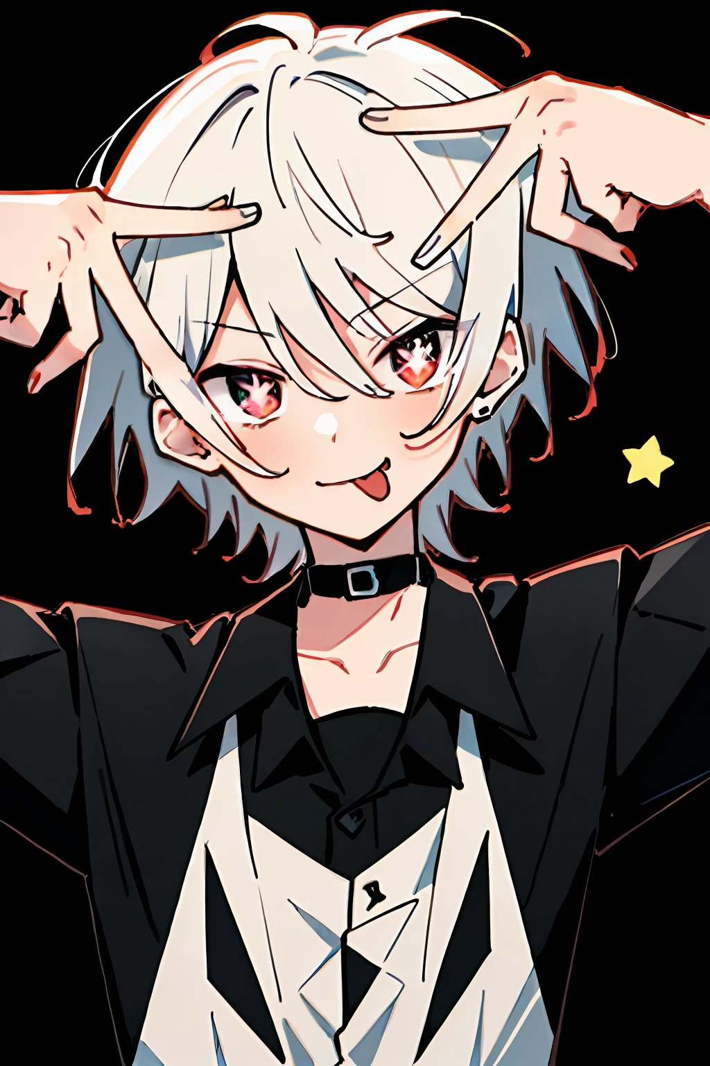 ai's pose, 1boy, solo, :p, v, black background, double v, 1boy, star (symbol), short, young boy, short white hair, red eyes, symbol-shaped pupils, star (symbol), symbol-shaped pupils,