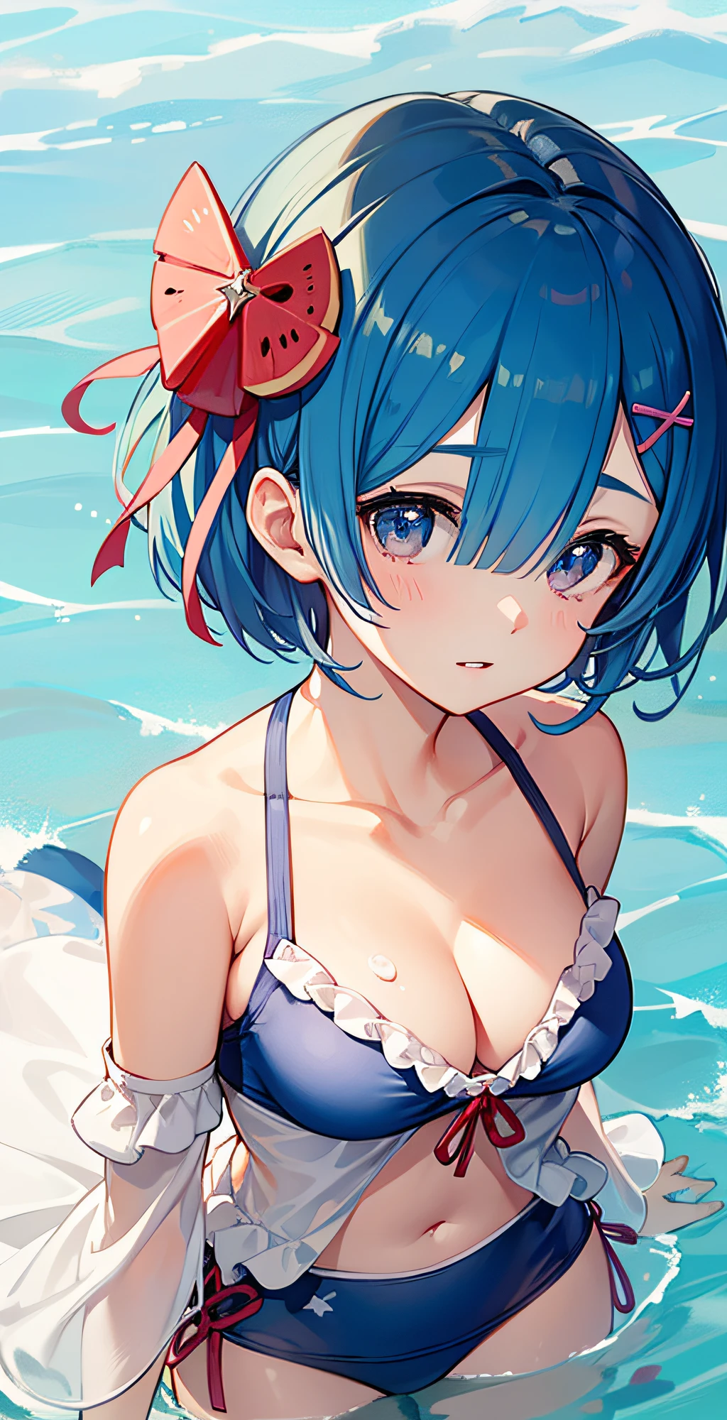 （masterpiece, best quality;1.3), ultra detailed, ooking at viewer, rem_re_zero, Facial close-up,blue hair, short hair, hair ornament, cleavage,  detached sleeves, masterpiece, top quality, best quality, 1  girl, swimsuit party, in the water,fish,watermelon,cute style, perfect structure, summer theme，