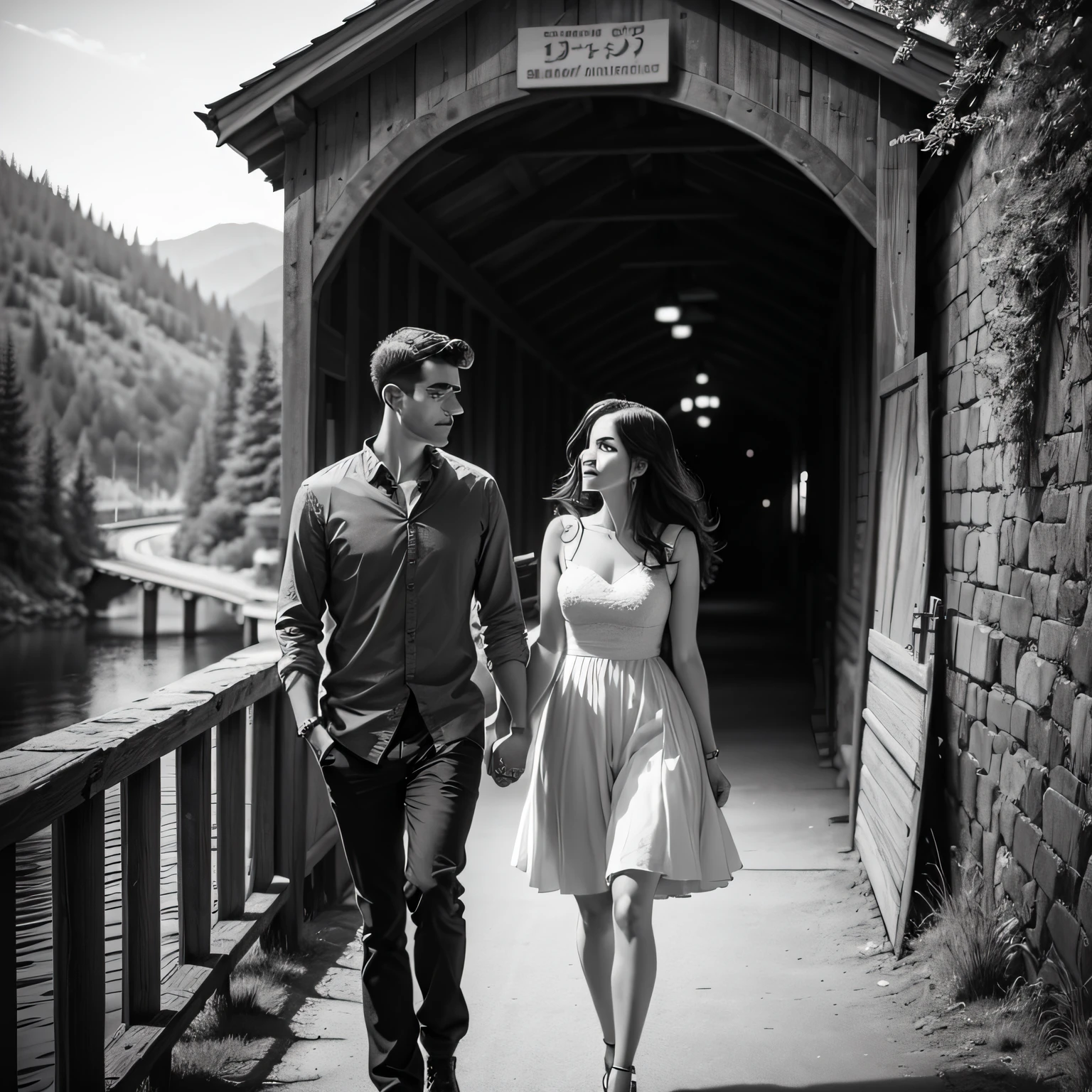 grayscale Romantic couple walking hand in hand through a scenic covered bridge, surrounded by idyllic hills by artist john sloane --auto