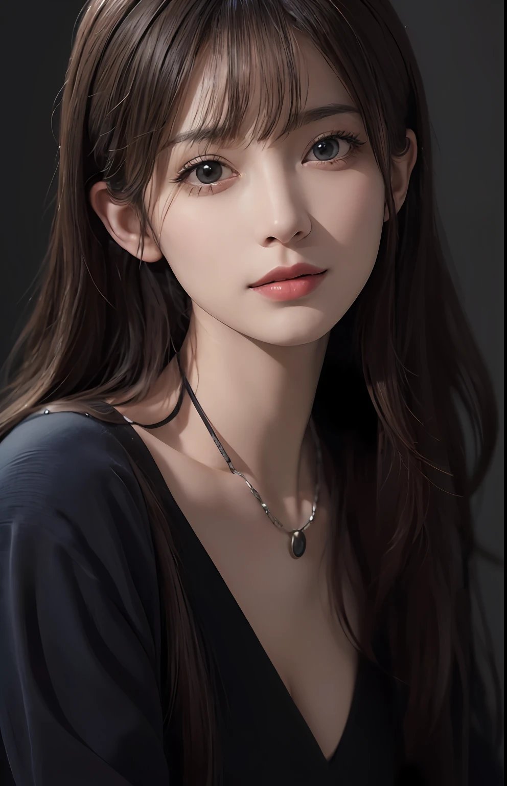 (Ultra Realistic), (Illustration), (High Resolution), (8K), (Very Detailed), (Best Illustration), (Beautiful and Detailed Eyes), (Best Quality), (Ultra Detailed), (Masterpiece), (Wallpaper), (Detailed Face), Solo, One Girl, Viewer, Fine Detail, Detailed Face, In the Dark, Deep Shadows, Low Key, pureerosfaceace_v1, Smile, Long Hair, Black shawl straight hair, 46-point diagonal bangs, full body, legs crossed