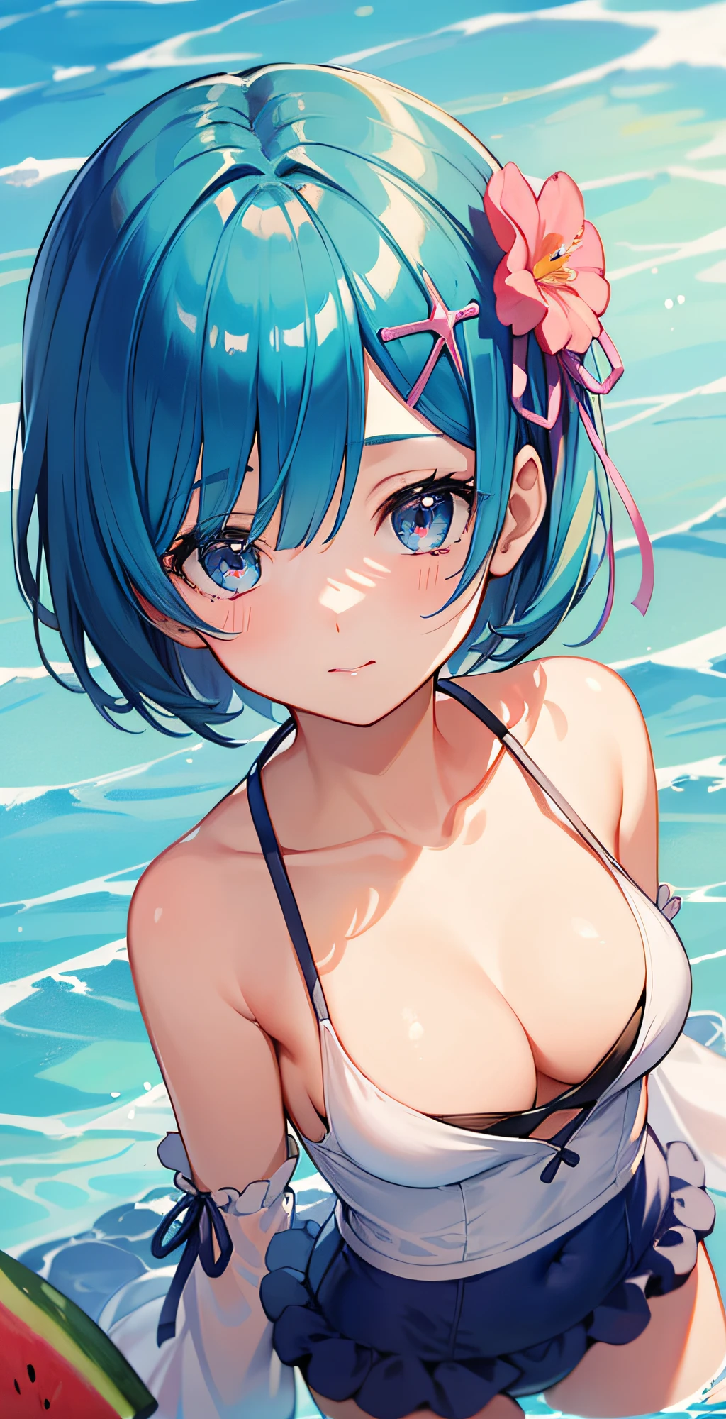 (masterpiece, best quality;1.3), ultra detailed, ooking at viewer, rem_re_zero, Facial close-up,blue hair, short hair, hair ornament, cleavage, detached sleeves, masterpiece, top quality, best quality, 1 , swimsuit party, in the water,fish,watermelon,cute style, perfect structure, summer theme,