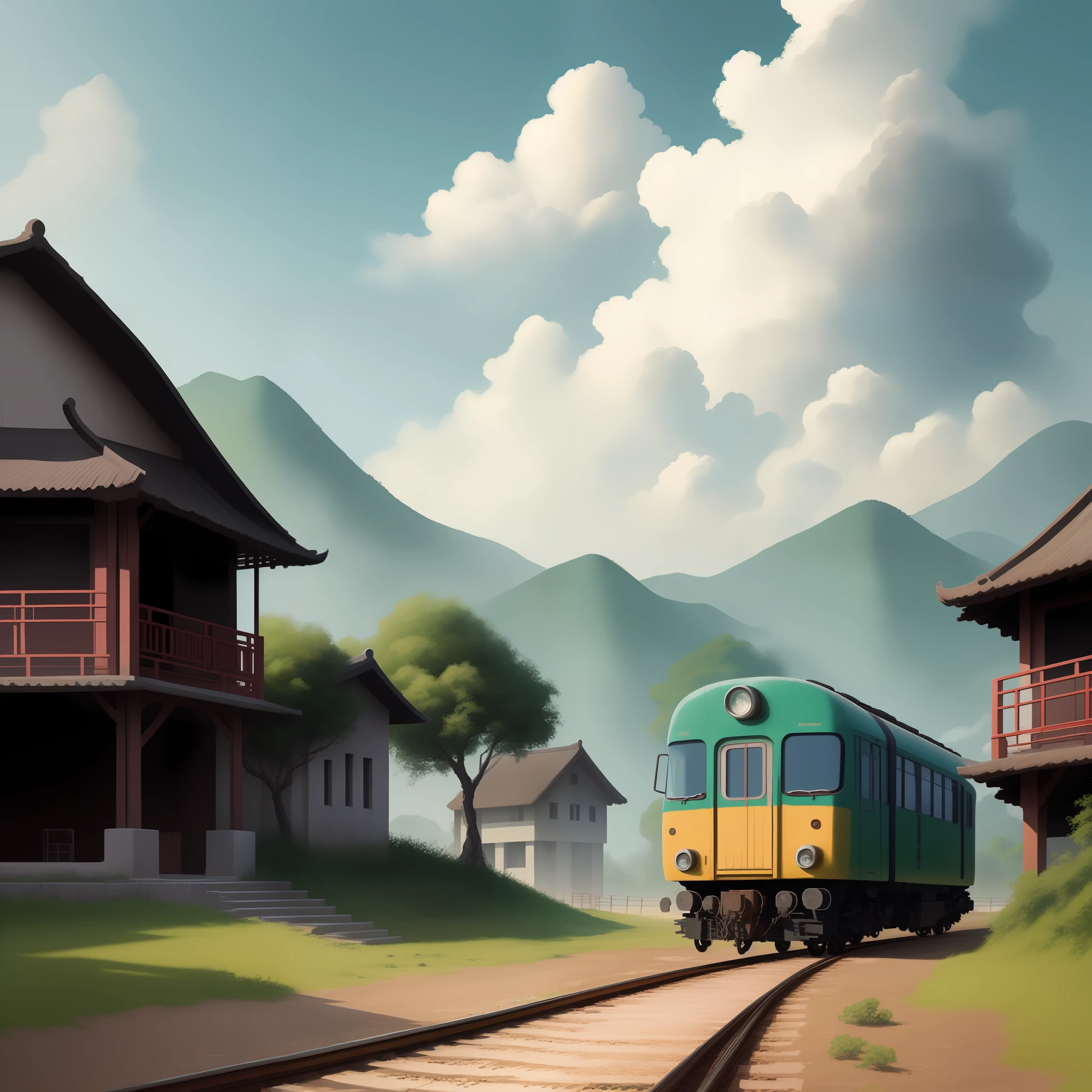 Rural revitalization plan, China's modern villages, big trucks, green leather trains, cement bungalows, sunny white clouds, simple painting style, 2d painting style, unparalleled masterpiece, super clear picture, 8k,