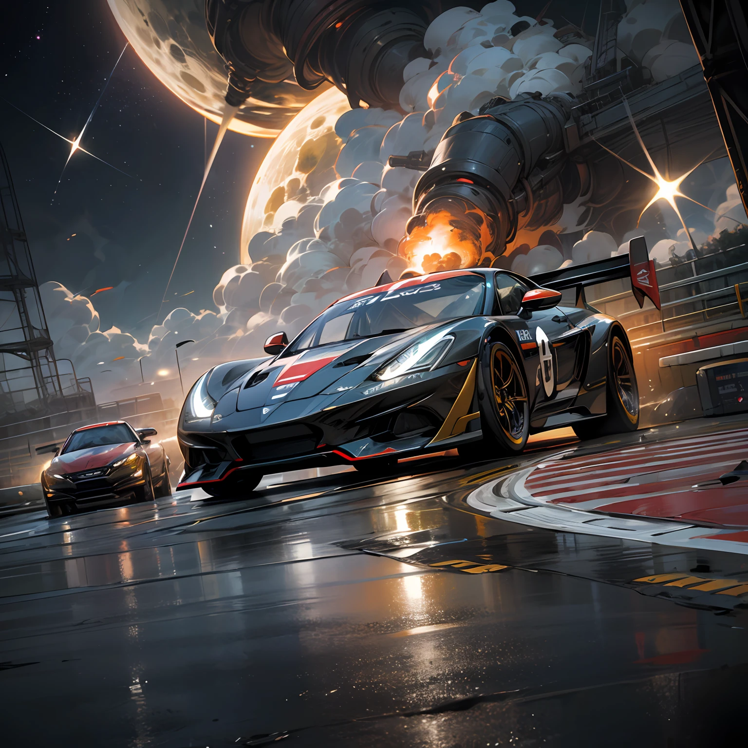 Increase the smoke generated by friction (masterpiece, best quality), high resolution, (8k resolution), (super detailed), spacecraft, The picture depicts a car race between planets, the car flies directly in space, two racing cars are rapidly flying towards the camera, super sports car, high-tech jet engine, colorful planets and nebulae in the background, headlights dragging streamer, time-lapse photography, more detail, realism, photo texture