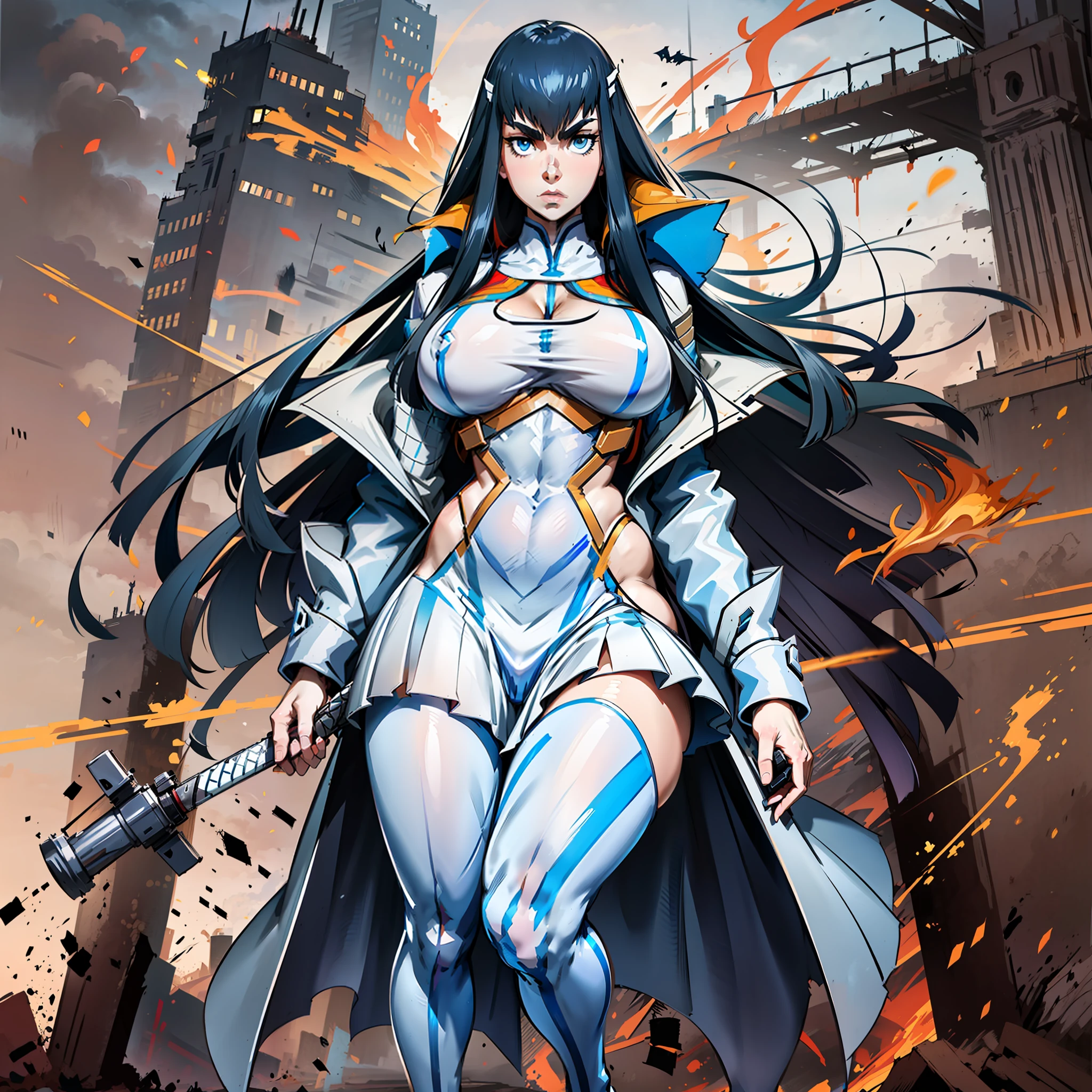 Satsuki Kiryuin, Satsuki Kiryuin from Kill-la-Kill, big breasts, voluminous breasts, curvy breasts, mesh stockings, standing with a katana, full height, bottom view, best quality, very detailed, ultra 8k resolution,huge breast, coat , vest, long skirt, portrait, full body, victorias clothing, long dress, knight, pants, black skinn suit