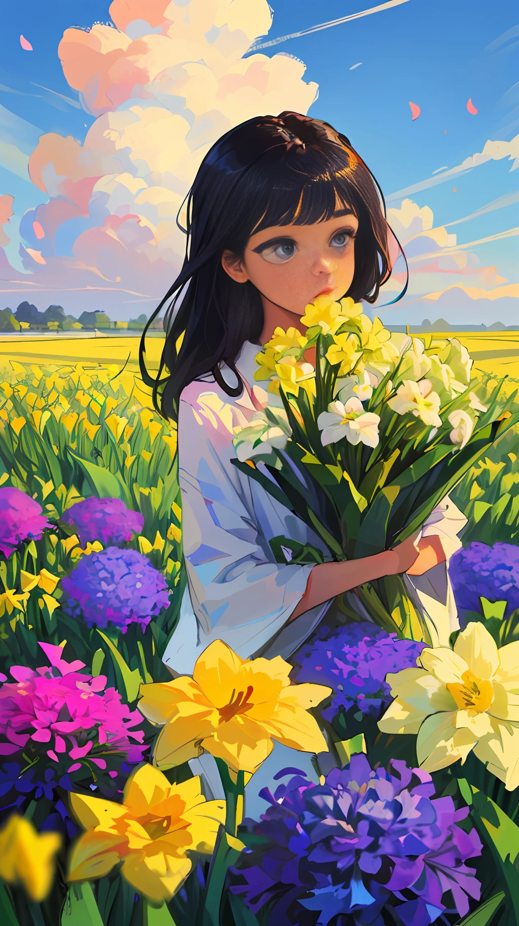 ((masterpiece,best quality)),(1girl, solo:1.4),beautiful detailed eyes, vivid, cloudy sky, flower, anemone \(flower\), daffodil, hyacinth,falling petals,