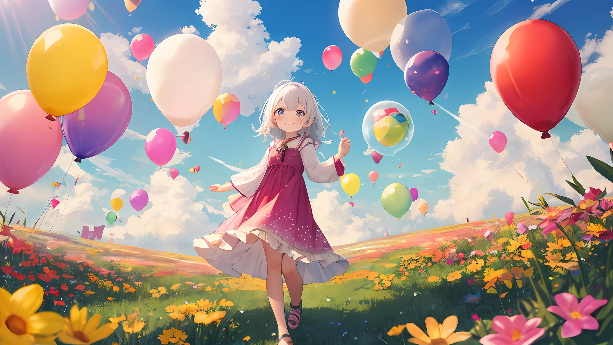 Solo focus, dynamic angle from below, full body, lens flare,
walking, looking at sky, little cute dress,
Toddler, kawaii, flying balloon up to sky, Blue sky,
windy, blush, small smile, :•, white hair,
Outdoors, landscape, kaleidoscope, beautiful sky, cloudy sky, colorful balloon, holding balloon,
a blue sky with many flying Balloon, lens flare, flower field,
Masterpiece, best quality,