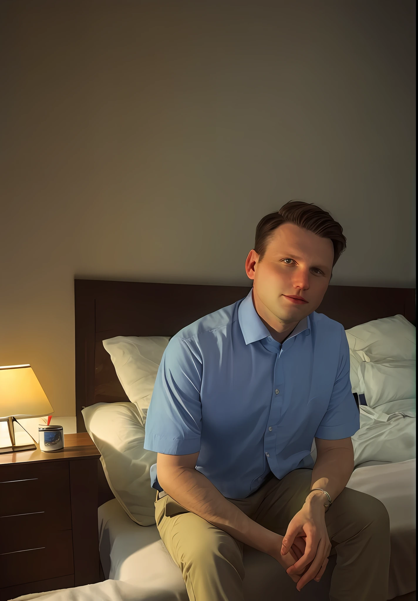 slawomir mentzen 1boy man, best quality, masterpiece, photorealistic photorealistic, interior, shirt, cinematic lighting, sitting on bed