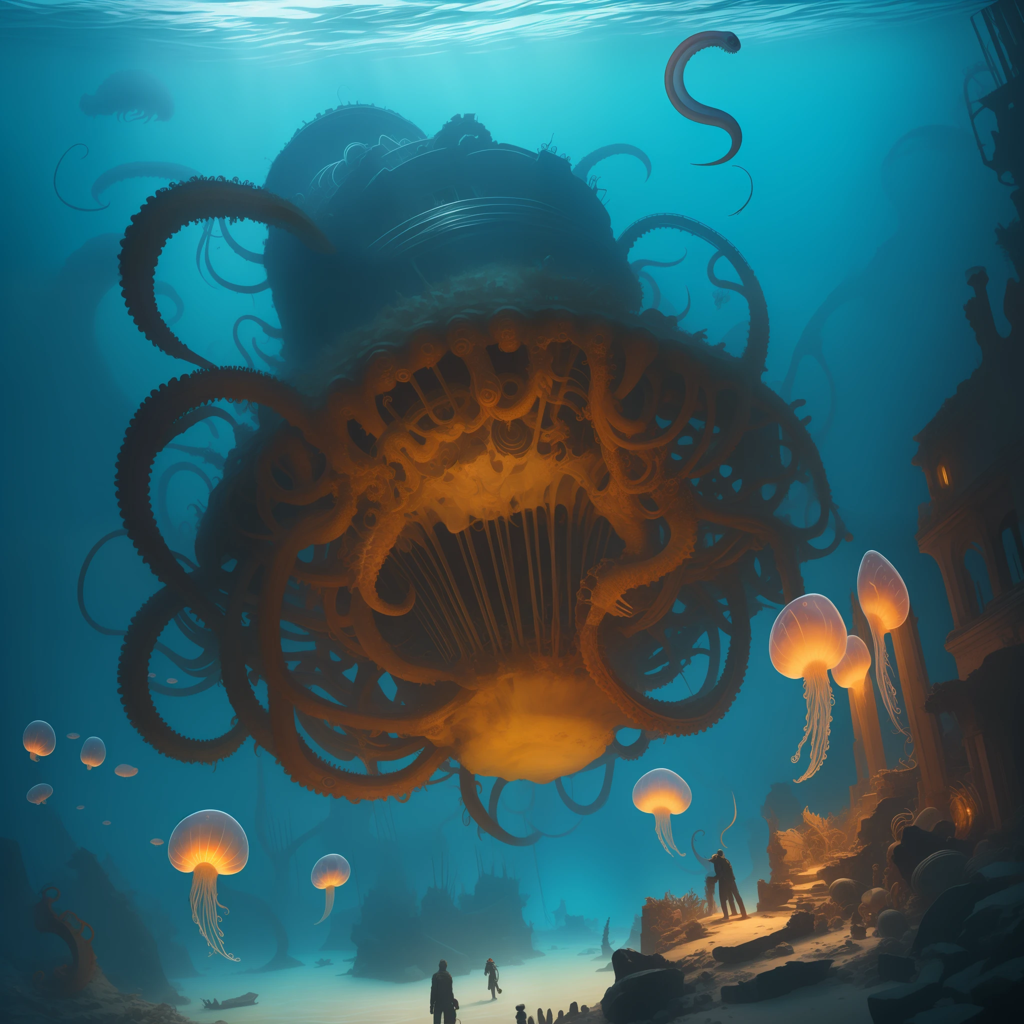 Best quality, intricate details, black gold color scheme, Cthulhu style, mechanical skeletons, giant jellyfish, complex tentacles, underwater ruins, incredible colors, stunning perfect composition