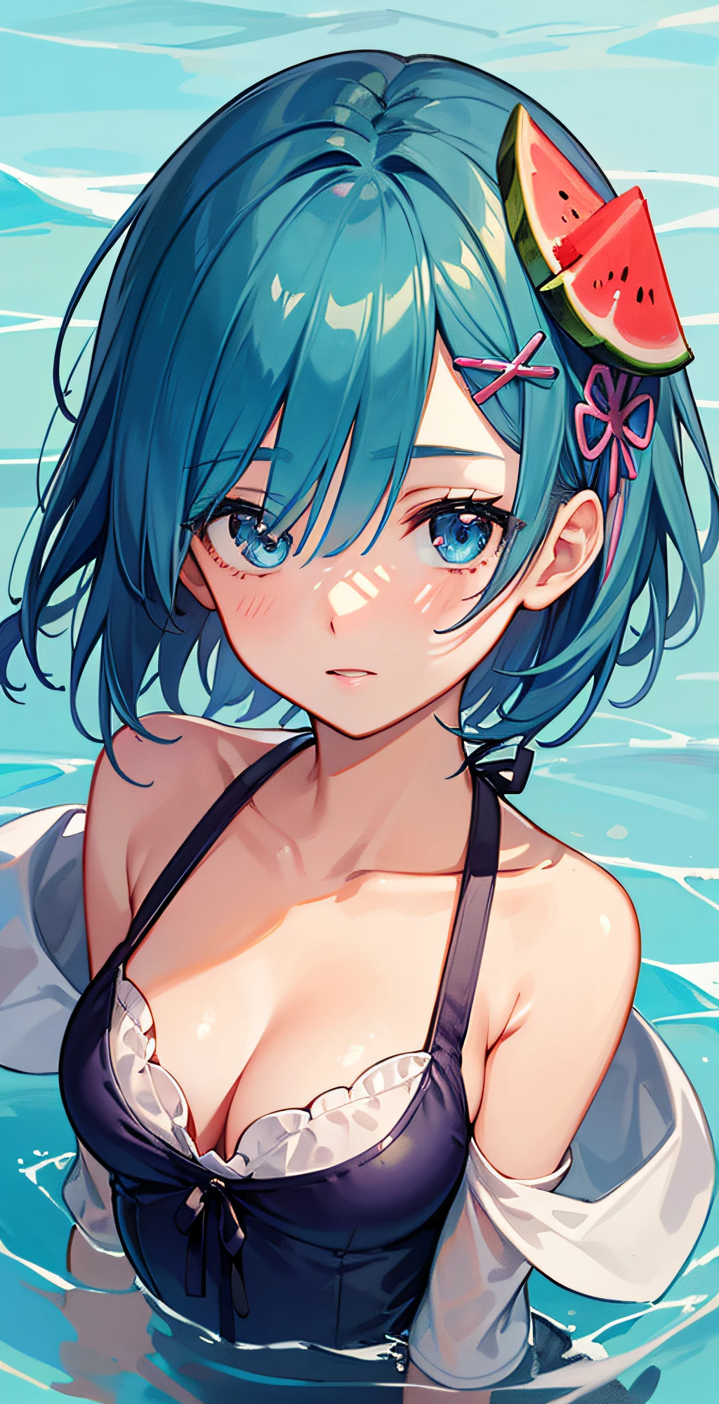 (masterpiece, best quality;1.3), ultra detailed, ooking at viewer, rem_re_zero, Facial close-up,blue hair, short hair, hair ornament, cleavage, detached sleeves, masterpiece, top quality, best quality, 1 girl, swimsuit party, in the water,fish,watermelon,cute style, perfect structure, summer theme,