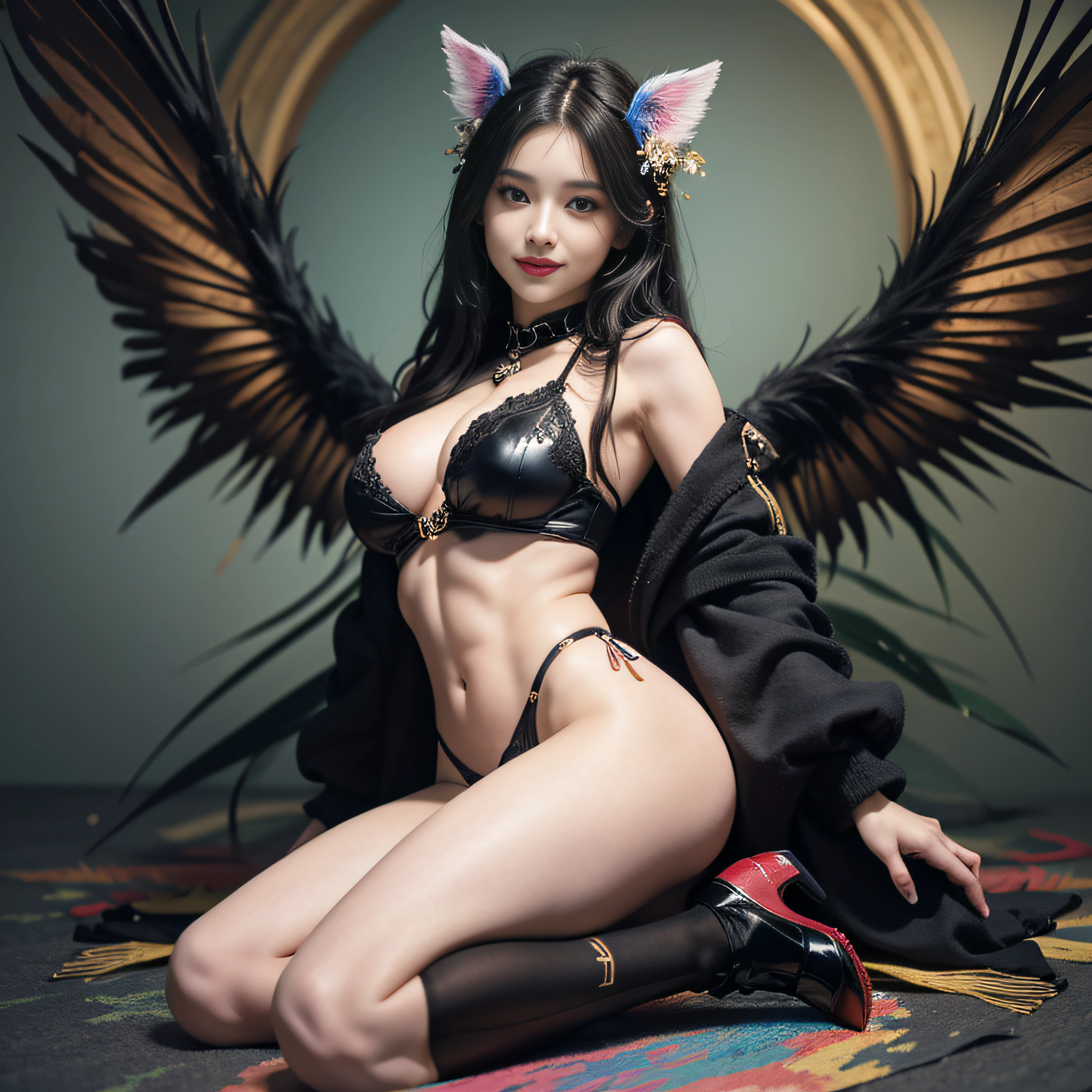 (8k, RAW photo:1.2),Top quality, ultra-high resolution, colorful wings, colorful digital art, fantasy art style, 8k, very fine face, delicate lips, lovely eyes, double eyelids, slight smile, colorful costume colors,peek breasts, big eyes, slender waist, abs, firm buttocks, adorable smile, 8k, long black hair, black hair shoes, 8k, full body photo, lovely eyes, sexy legs, bewitching pose