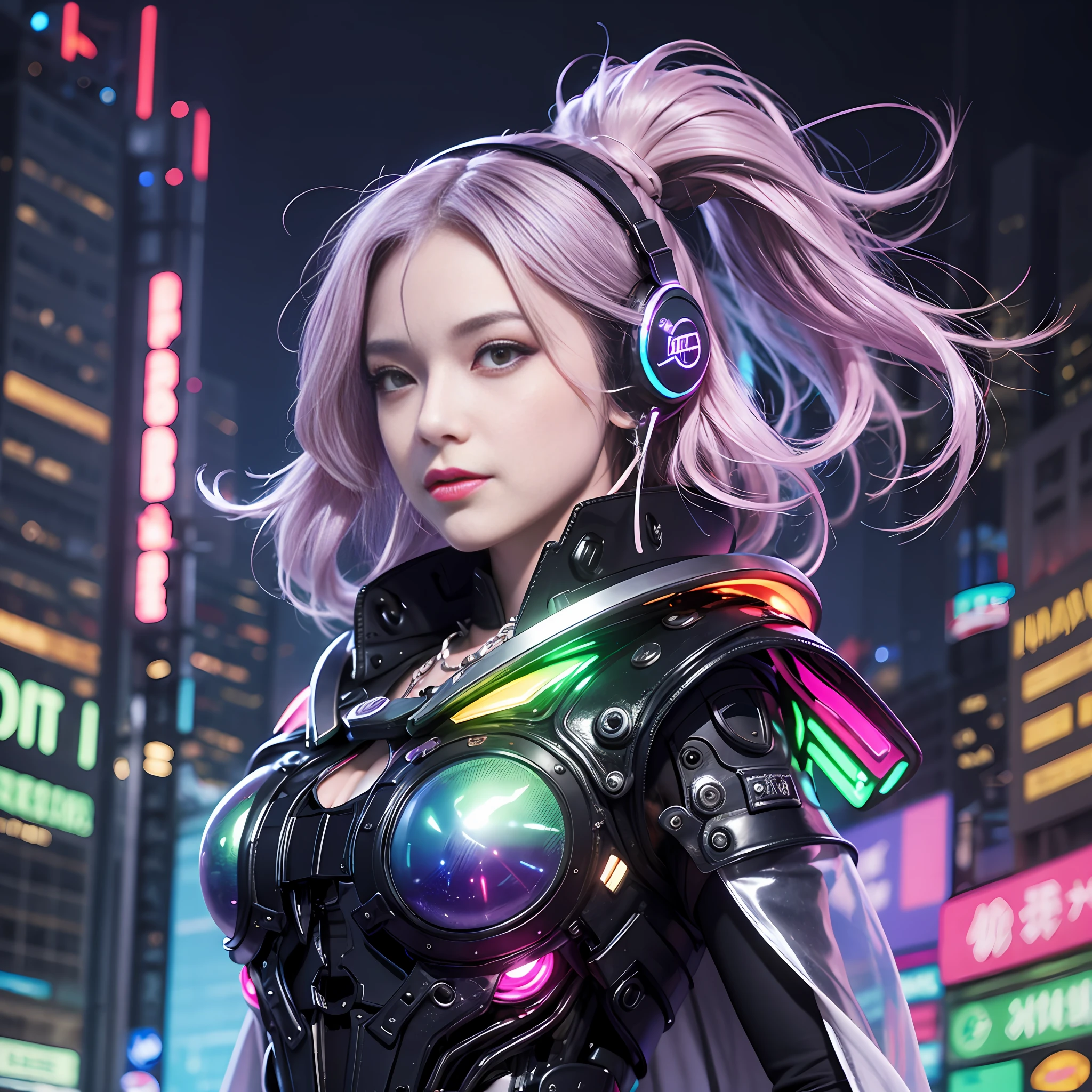 Background moon, big moon in the back, moon, 1 girl, Chinese_clothes, liquid silver metallic and rainbow colors, cyberhan clothes, cheongsam, cyberpunk city, dynamic pose, detail luminous headphones, luminous hair accessories, long hair, glowing earrings, glowing necklace, cyberpunk, high-tech city, full of mechanical and futuristic elements, futurism, technology, glowing neon lights, rainbow colors, rainbow color light, sexy skirt, transparent black cape, laser light, digital background city sky, big moon, There are vehicles, the best quality, masterpiece, 8K, character edge light, super high detail, high quality, the most beautiful woman in human beings, smile, face facing the front left and right symmetry, ear corner decoration, long antenna glow, beautiful pupils, light effects, visual data, silver rainbow hair dyeing hair, ultra-detailed facial texture, happy and proud, weapon system, crowded street passers-by, mecha style, wearing a glowing antenna on the head, deep eyes, far away, details of the entire city, candy color neon color matching, rainbow lights, only one character, There is only one main character, glowing boots,