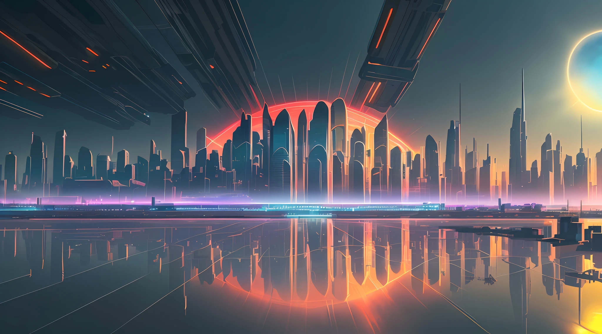a futuristic city with a futuristic skyline and a bright sun, futuristic city backdrop, futuristic cityscape, futuristic city backgrond, futuristic city background, futuristic city scape, cybernetic city background, futuristic city in background, cyberpunk city background, neon megacity in the background, 4k solarpunk wallpaper, cyberpunk landscape wallpaper, futuristic landscape, cyberpunk background, geometric futuristic cityscape