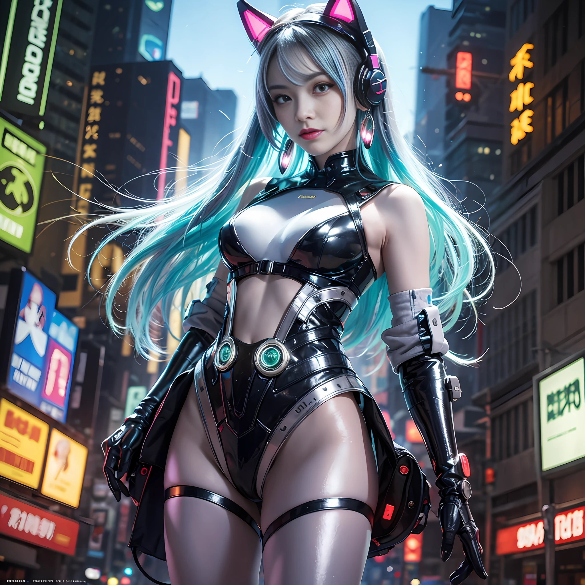 Background moon, big moon in the back, moon, 1 girl, Chinese_clothes, liquid silver metallic and rainbow colors, cyberhan clothes, cheongsam, cyberpunk city, dynamic pose, detail luminous headphones, luminous hair accessories, long hair, glowing earrings, glowing necklace, cyberpunk, high-tech city, full of mechanical and futuristic elements, futurism, technology, glowing neon lights, rainbow colors, rainbow color light, sexy skirt, transparent black cape, laser light, digital background city sky, big moon, There are vehicles, the best quality, masterpiece, 8K, character edge light, super high detail, high quality, the most beautiful woman in human beings, smile, face facing the front left and right symmetry, ear corner decoration, long antenna glow, beautiful pupils, light effects, visual data, silver rainbow hair dyeing hair, ultra-detailed facial texture, happy and proud, weapon system, crowded street passers-by, mecha style, wearing a glowing antenna on the head, deep eyes, far away, details of the entire city, candy color neon color matching, rainbow lights, only one character, There is only one main character, glowing boots,