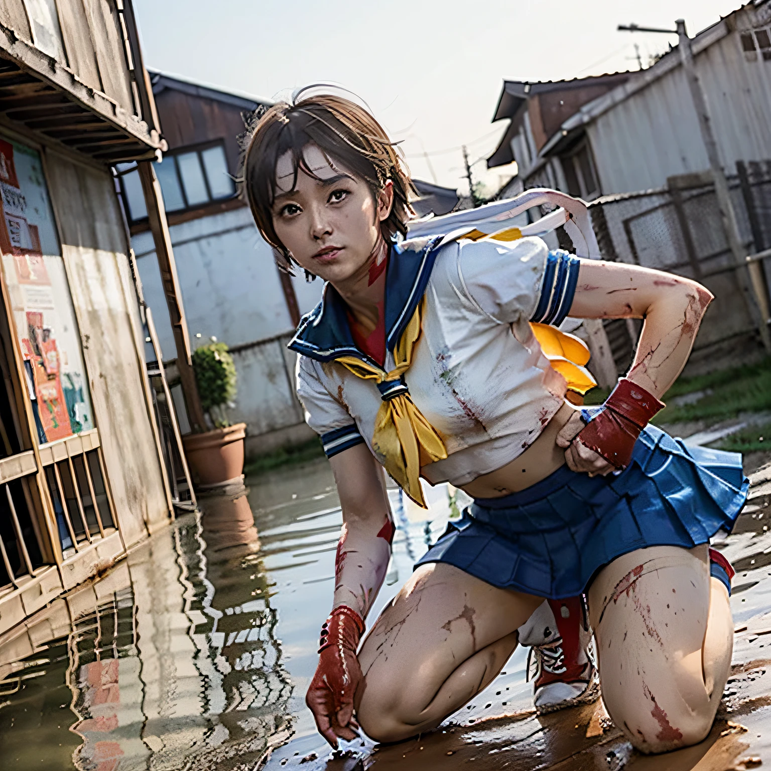 (Masterpiece), (Best Quality), Ultra High Definition, Professional Artwork, Ultra Detailed, Complex, Detailed Face, Perfect Lighting, (1 Girl, Solo: 1.2), Sakura Kasugano, Brown Eyes, Brown Hair, Short Hair, Bangs, Ahoge, Katyusha, Serafuk, Puffy Sleeves, Crop Top, Yellow Neckerchief, Pleated Skirt, Fingerless Gloves, Thighs, White Socks, Red Footwear, Light Muscles, (50mm), (High Accuracy: 1.2), (Detailed Face: 1.2), Detail,_Eyes, (Gradient), (Ambient Light: 1.3), (Film Composition: 1.3), (JC: 1), Accent Lighting, High Definition CG Unity 8k Wallpaper, Original, HDTV, (perfect_anatomy:1.2), Solo, Wide Shot, (Crying, Weak and Tired Eyes, Tears: 1.2),( Bruises and blood stains on the face and body, blood flowing from the head and face, injuries and injuries to the body, wounds and cuts, bleeding lips: 1.2), (torn clothes, tattered clothes: 1.2), blood stains on clothes, (kneeling weakly: 1.2), (cruel torture, fear and bloody), (dark, foggy and dusty, messy and dirty back streets), disheveled hair, tired and weak face, (perfect body, perfect, perfect thighs), wet body, sweaty body, (( ( Muddy feet, muddy skin, bloody skin: 1.2)), complex and cinematic appearance