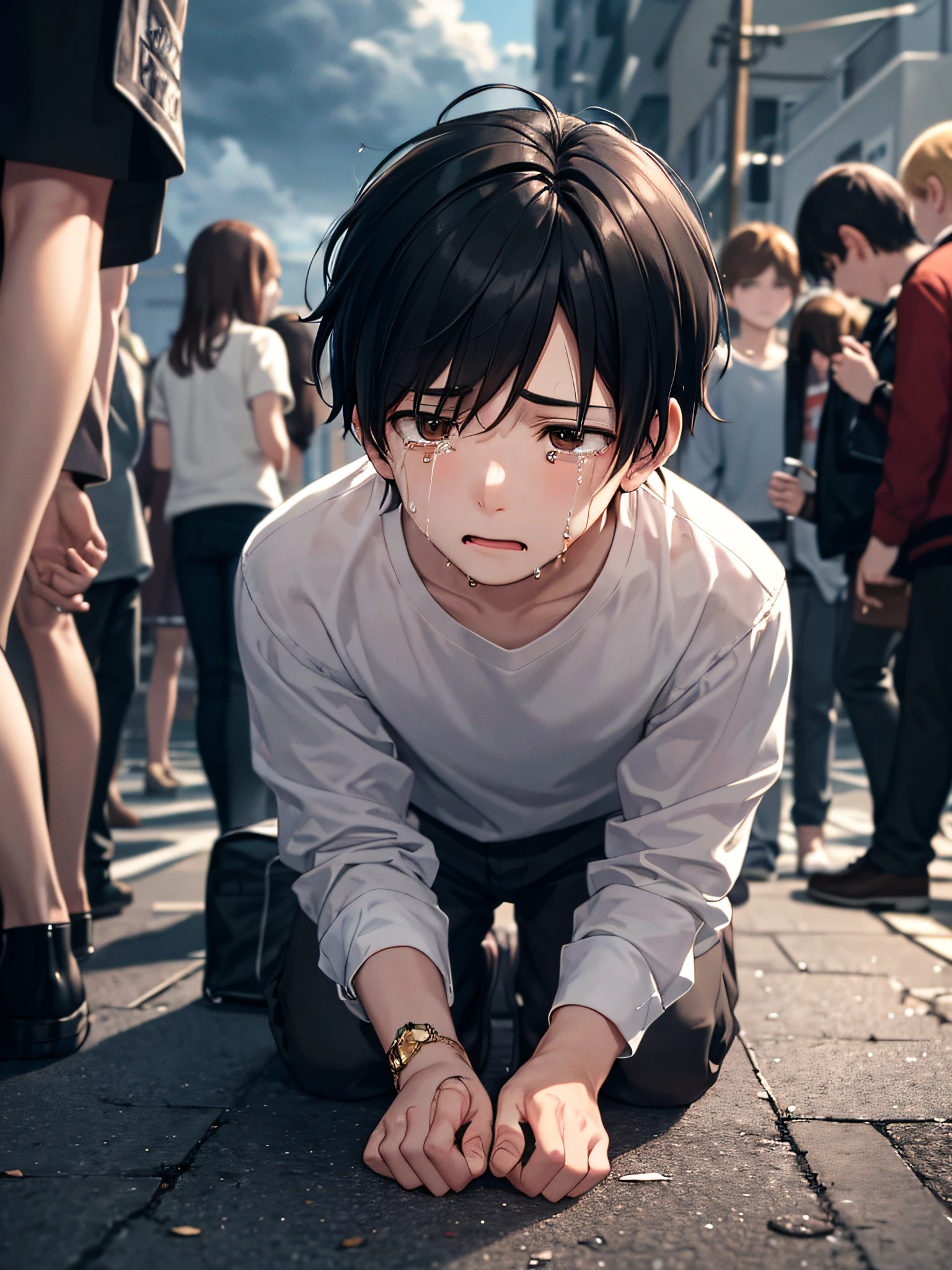 (Masterpiece, best quality, exquisite details), 1 boy, soloist, black hair, brown eyes, kneeling on the ground, crying, helpless, shabby street, crowd, sad, cloudy, dizzy, looking up and crying, lonely