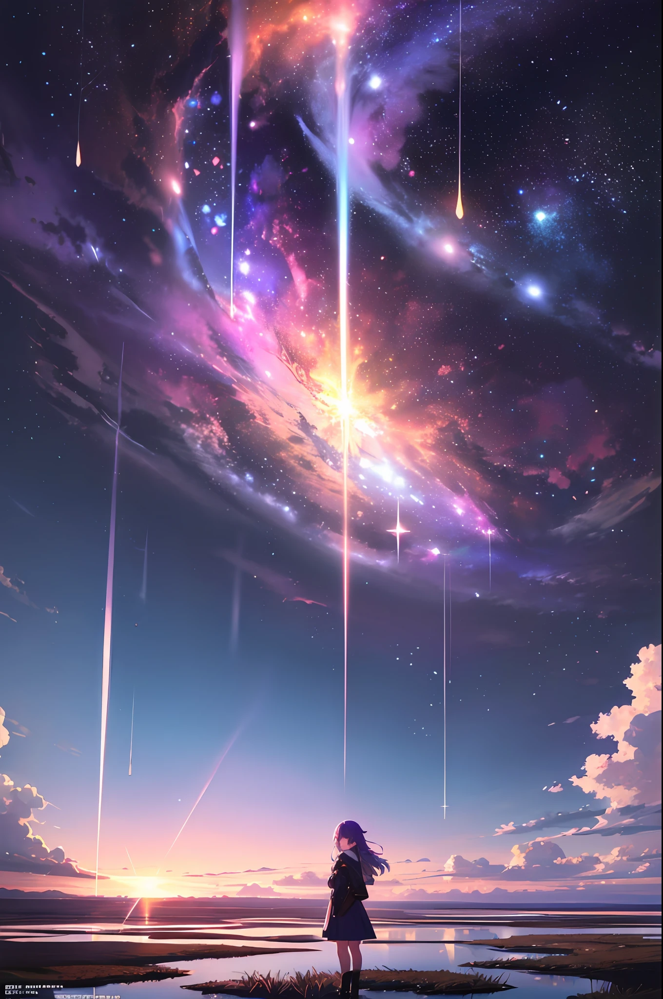 absurdity, high definition, (official art, beauty and aesthetics: 1.2),
1 girl, purple hair, middle hair, purple crystal eyes, shiny eyes,
purple sky, glittering galaxies, (Uyuni salt marsh: 1.2),
(Surrealism: 1.15), (fractal art: 0.3),
Water effect, ripple effect, (flower effect: 0.65), light effect, 8K wallpaper,