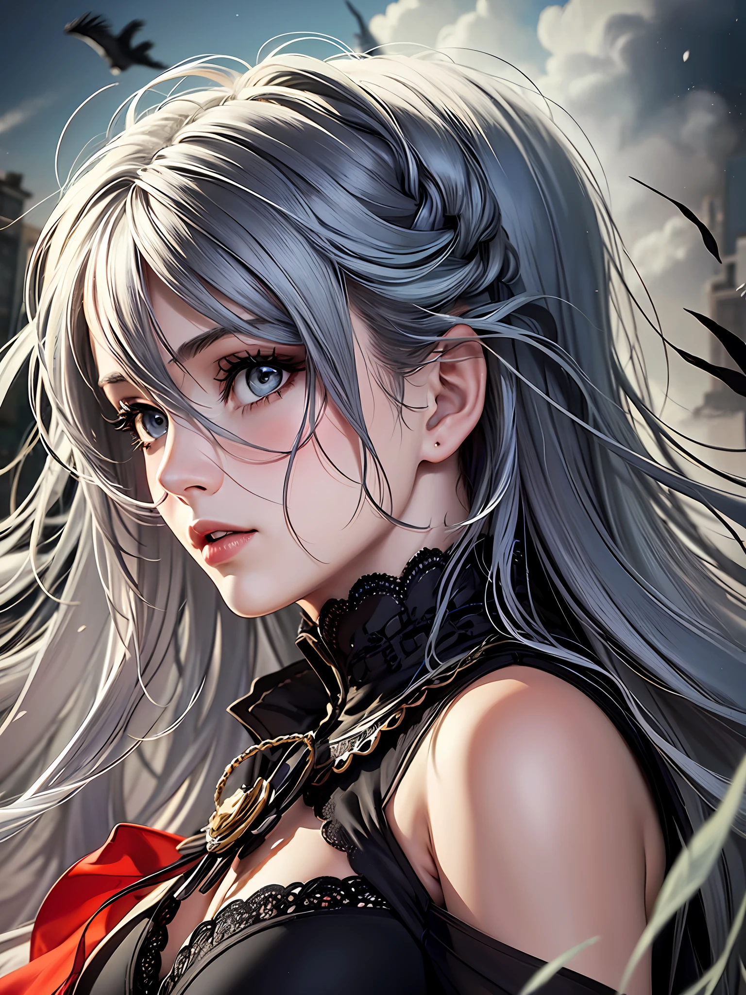 An extremely detailed portrait of a  beautiful gothic woman in a victorian decorum, perfect body, (realistic woman), ((detailed Background)), (detailed grey sky), (detailed gothic suit), {detailed eyes). (dramatic lighting), ((Masterpiece)), ((crows)), ((perfect detailed hands)), detailed cloud, ((intricate detail)), (((mature woman))), red Jewel-like eyes, (floating Strands of hair), long hair, (((smooth wet skin))), (Haze), moonlight, ((surrounded by floating dust and leafs)), focus on the subject, chiaroscuro, wind, road, church, HD wallpaper, UHD image, trending on Pixiv -auto --auto --s2