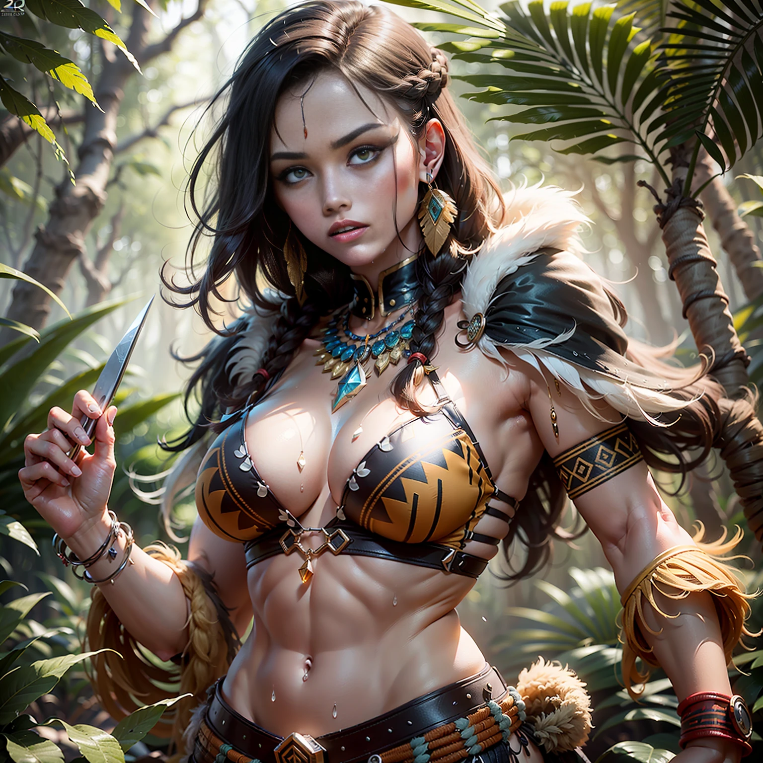 (Ultra High Resolution, Photorealistic, Realistic, Best Quality, Photorealistic), (8K, Raw Photos, Best Quality, Masterpiece), Delicately Braided Shaped Brown-haired Hairstyle, Proud Female Warrior, Serious Expression, Yellow Piercing Eyes, Indigenous, Tribal Costume, Sharp Focus, Blurred Background, One Girl, Full Body, 3D, ( Image of a beautiful dark-skinned wild woman about 29 years old))), overall strong, toned muscular female warrior style, beast bones and headhang decorated with fangs and feathers, HDR (High Dynamic Range), ray tracing, NVIDIA RTX, super resolution, Unreal 5, Subsurface Scattering, PBR texturing, post-processing, Anisotropic filtering, Depth of field, Maximum clarity and sharpness, Multi-layer textures, Albedo and specular maps, Surface shading, Precise simulation of light-material interactions, Perfect proportions, (African Desert, African)), Sharp eyeliner, (Full body)), Sharp Focus, Octane rendering, two-tone lighting, wide aperture, low ISO, white balance, rule of third, 8K RAW, circuit board AI, 4k, fog, (tribal style, tribal ornaments, sexy orange clothing made with wild beast fur, human five-fingered, wide hips, big breasts, wet body, jungle ruins background, dense forest))