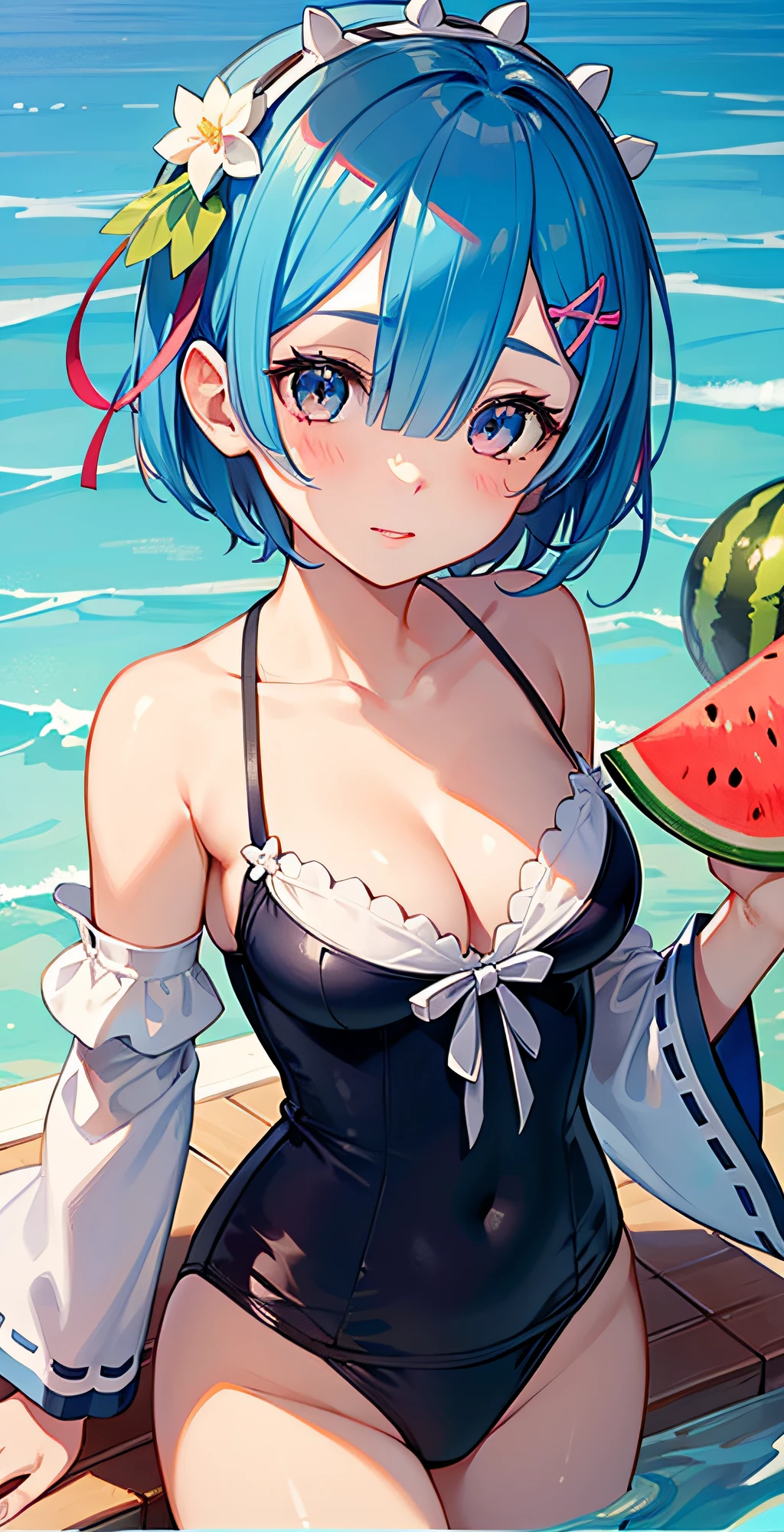 （masterpiece, best quality;1.3), ultra detailed, ooking at viewer, rem_re_zero, Facial close-up,blue hair, short hair, hair ornament, cleavage, detached sleeves, masterpiece, top quality, best quality, 1 little girl, swimsuit party, in the water,fish,watermelon,cute style, perfect structure, summer theme，