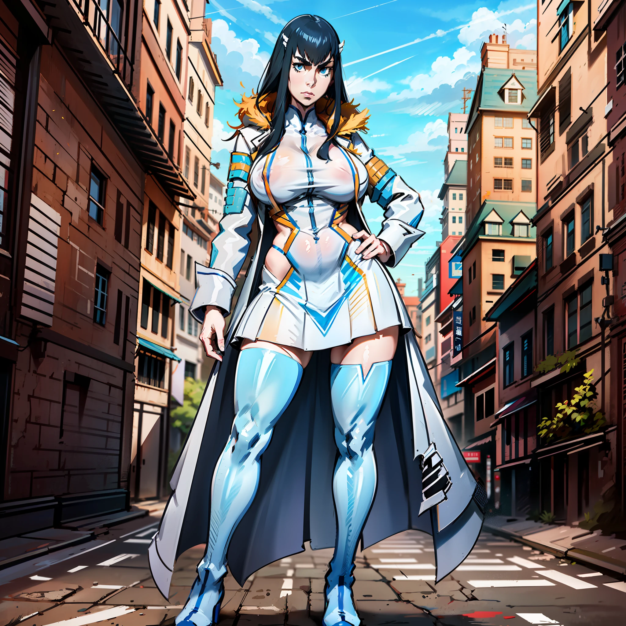 Satsuki Kiryuin, Satsuki Kiryuin from Kill-la-Kill, big breasts, voluminous breasts, curvy breasts, mesh stockings, standing with a katana, full height, bottom view, best quality, very detailed, ultra 8k resolution,huge breast, coat , vest, long skirt, portrait, full body, victorias clothing, long dress, knight, pants, black skinn suit, medieval city, plants, vest,polo shirt