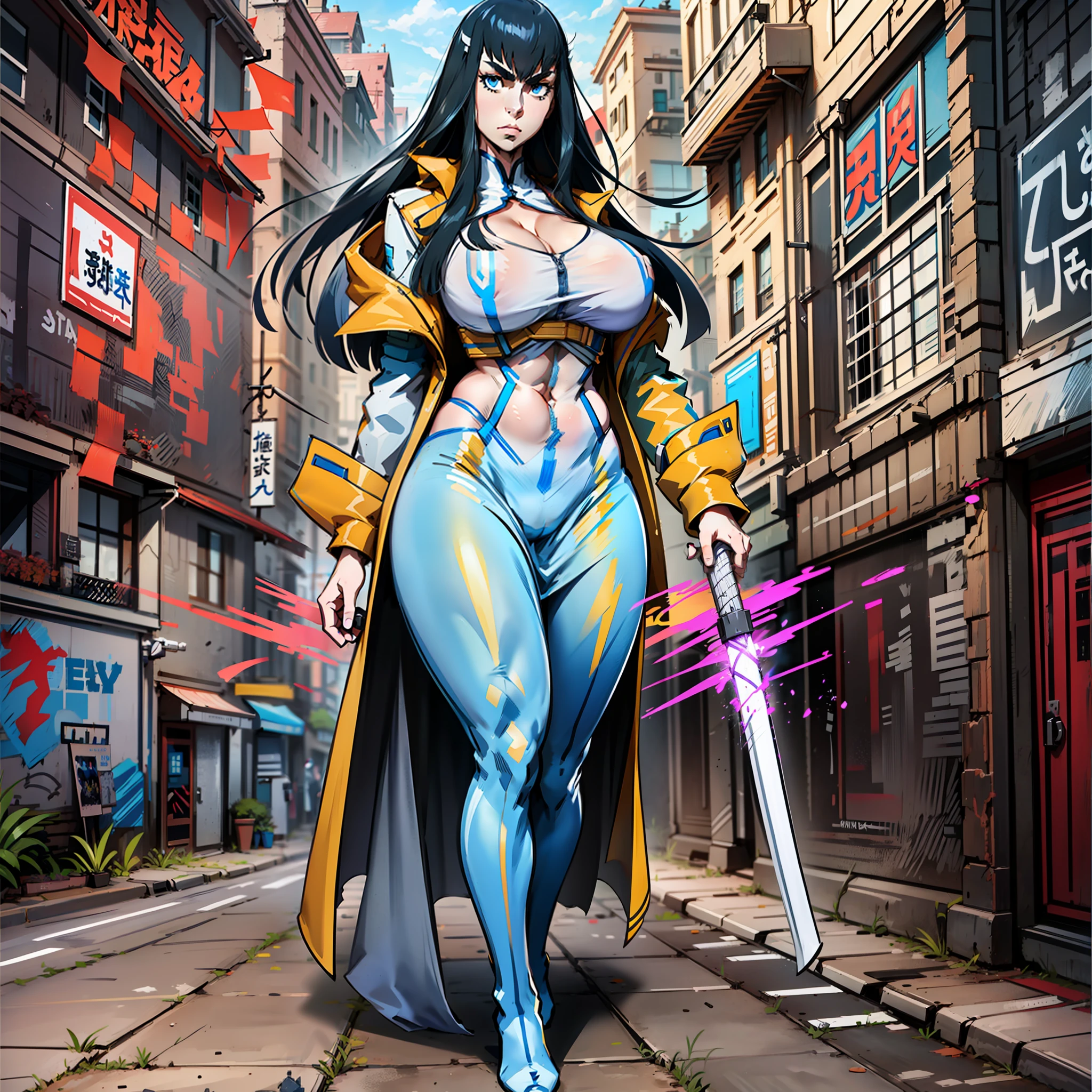 Satsuki Kiryuin, Satsuki Kiryuin from Kill-la-Kill, big breasts, voluminous breasts, curvy breasts, mesh stockings, standing with a katana, full height, bottom view, best quality, very detailed, ultra 8k resolution,huge breast, coat , vest, long skirt, portrait, full body, victorias clothing, long dress, knight, pants, black skinn suit, medieval city, plants, vest,polo shirt