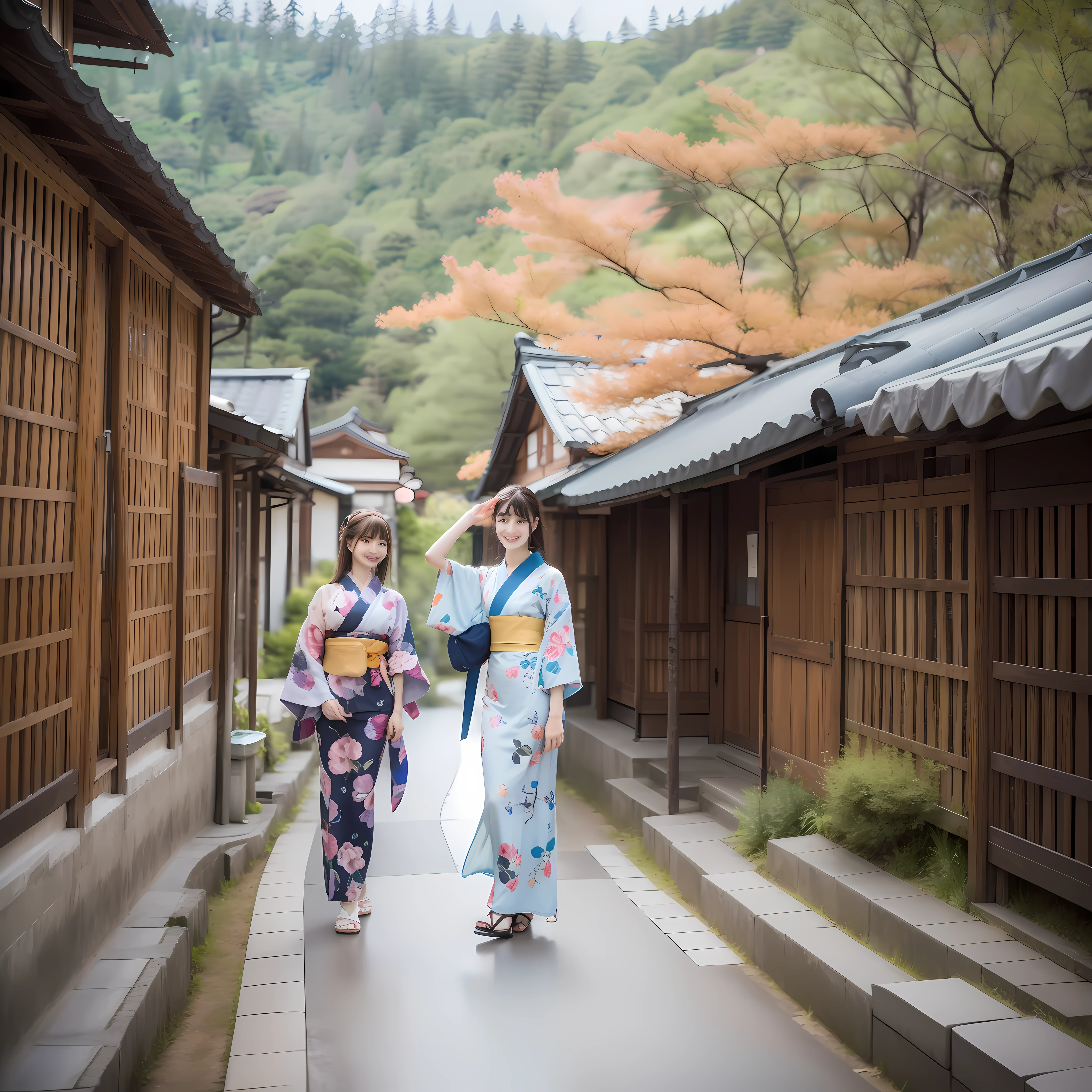 Japan young girl (N) in a blue kimono and a young Russian girl (M) in a purple kimono with lots of Sanrio characters printed on them are taking selfies in a rural village in Nara Prefecture, Japan. Japan girl (n) puts her hands on the waist of a Russian girl (m). Behind them are high mountains and blue skies, and in the distance you can see mountains and lush green fields. Japan girl (n) wears a blue kimono and a Russian girl (m) wears a purple kimono. Also, the Russian girl (m) wears round glasses, has brown hair and a rather face-length face, and above the eyes there are eyebrows.