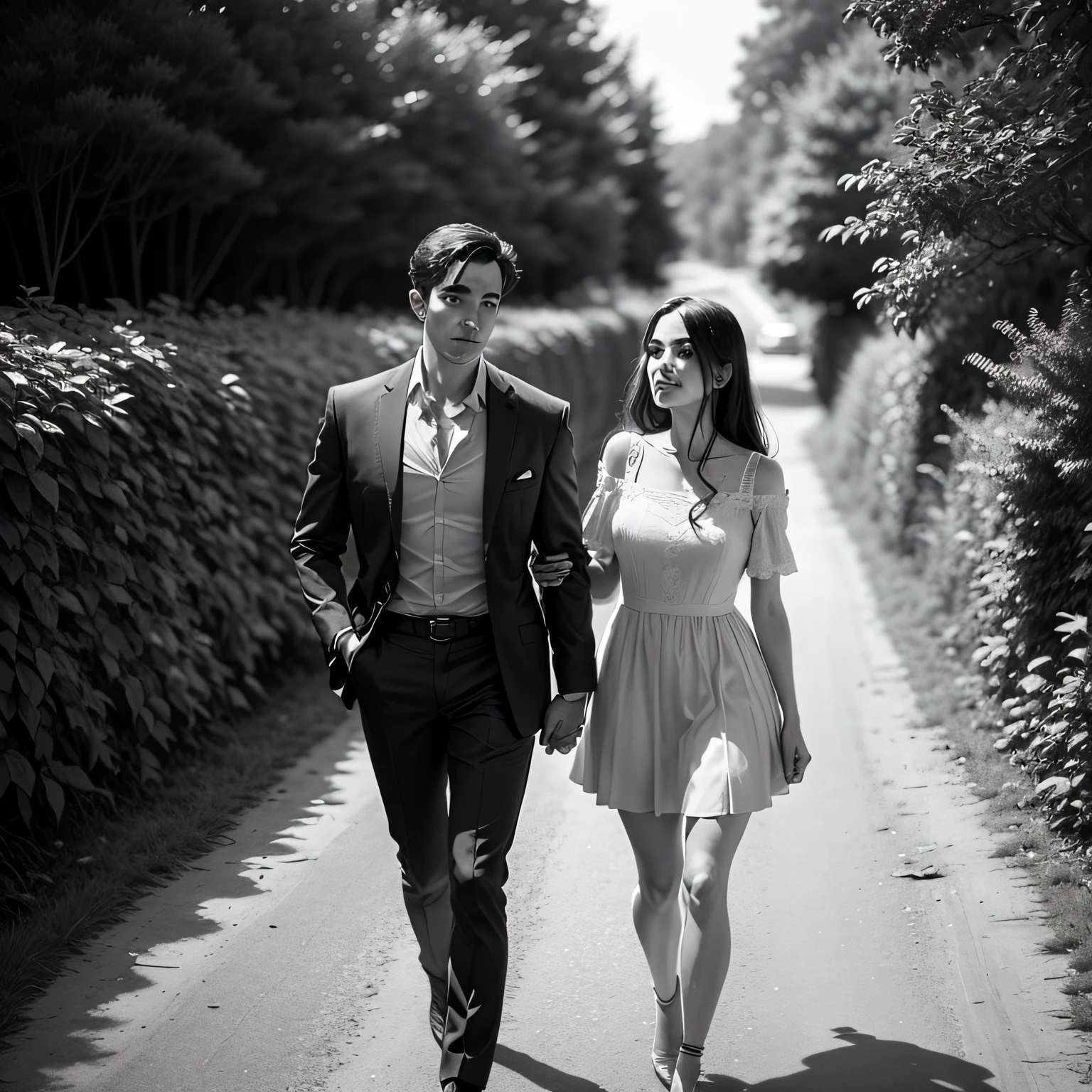 grayscale detailed cartoon of romantic couple walking on country lane by artist john sloane --auto