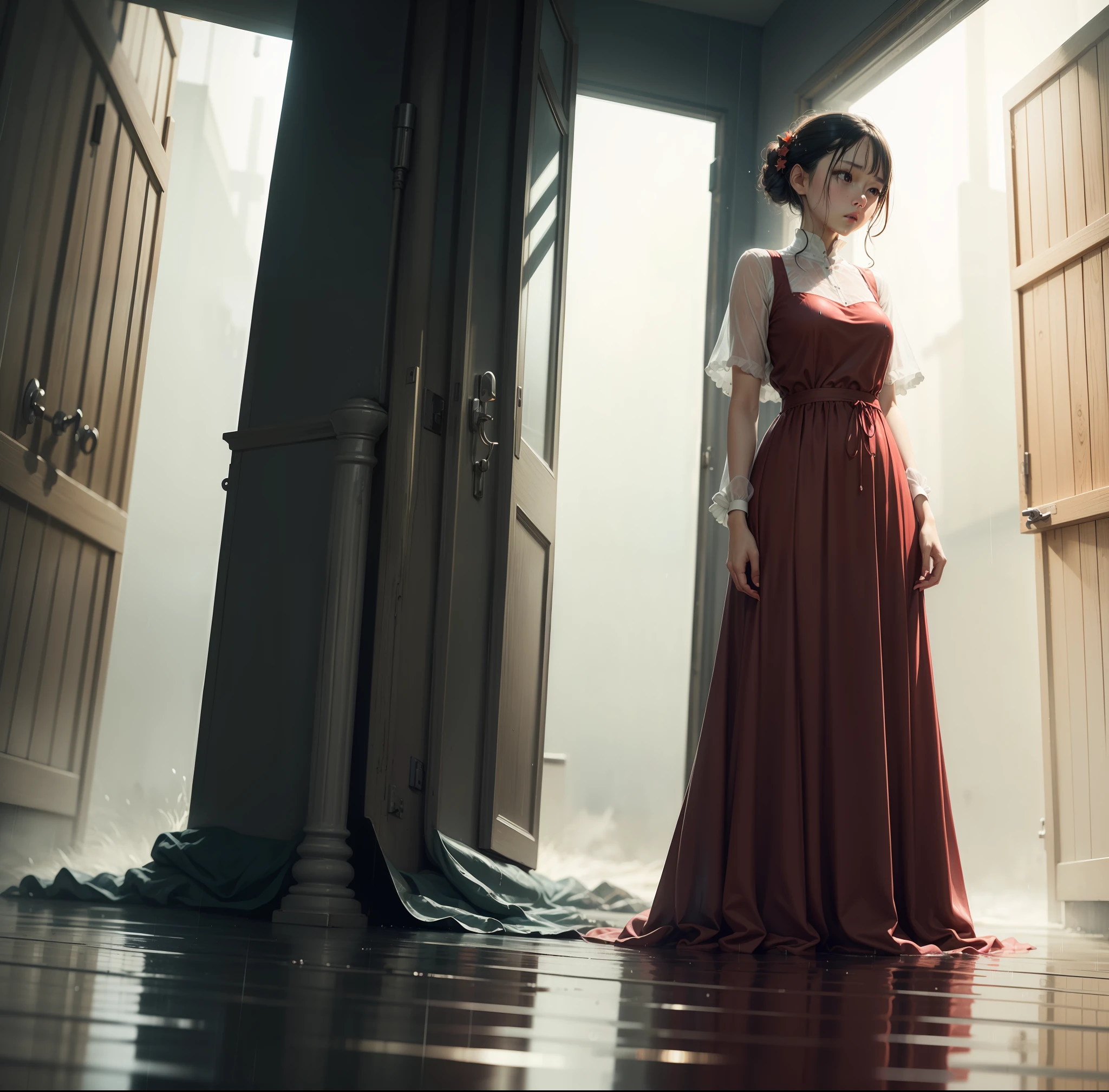 in the heavy rain, very wet with water and very long dress