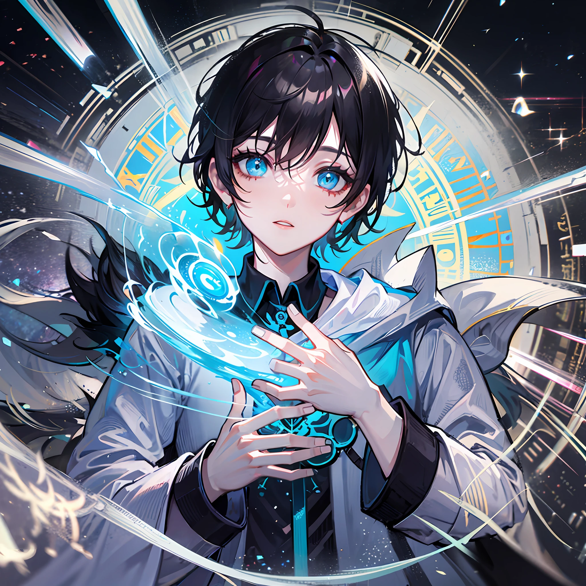 Black fluffy short hair, cyan eyes, boy, white robe, god of time and space, silver-white magic light wheel, time space element, eye condensation, attention to detail, highest quality, black fluffy short hair