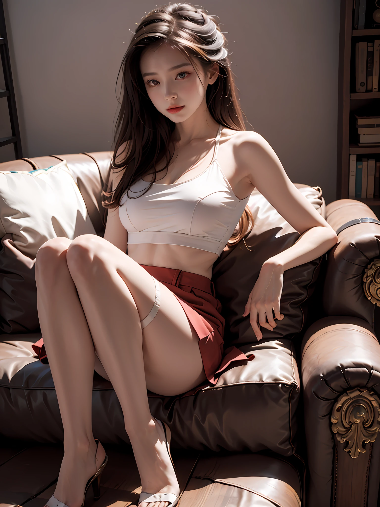 A woman sitting on a sofa, gorgeous Chinese model, very charming and beautiful, white tight top with sense of design, bare shoulders, red split skirt, flesh colored stockings, sitting position, sexy, no panties, camel toes