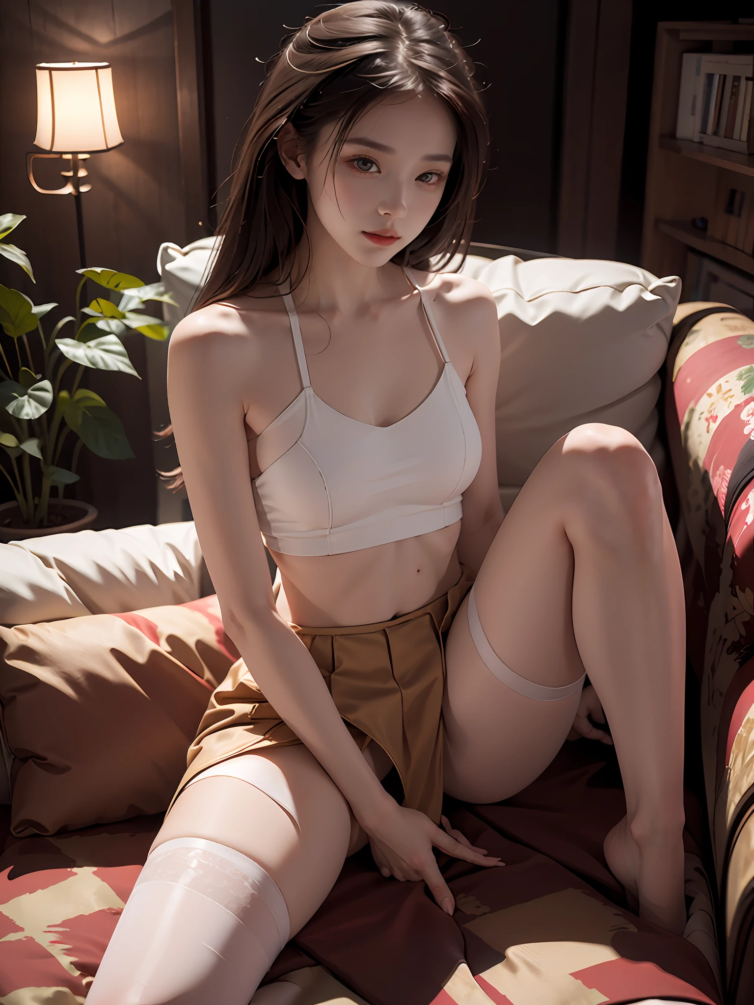 A woman sitting on a sofa, gorgeous Chinese model, very charming and beautiful, white tight top with sense of design, bare shoulders, red split skirt, flesh colored stockings, sitting position, sexy, no panties, camel toes