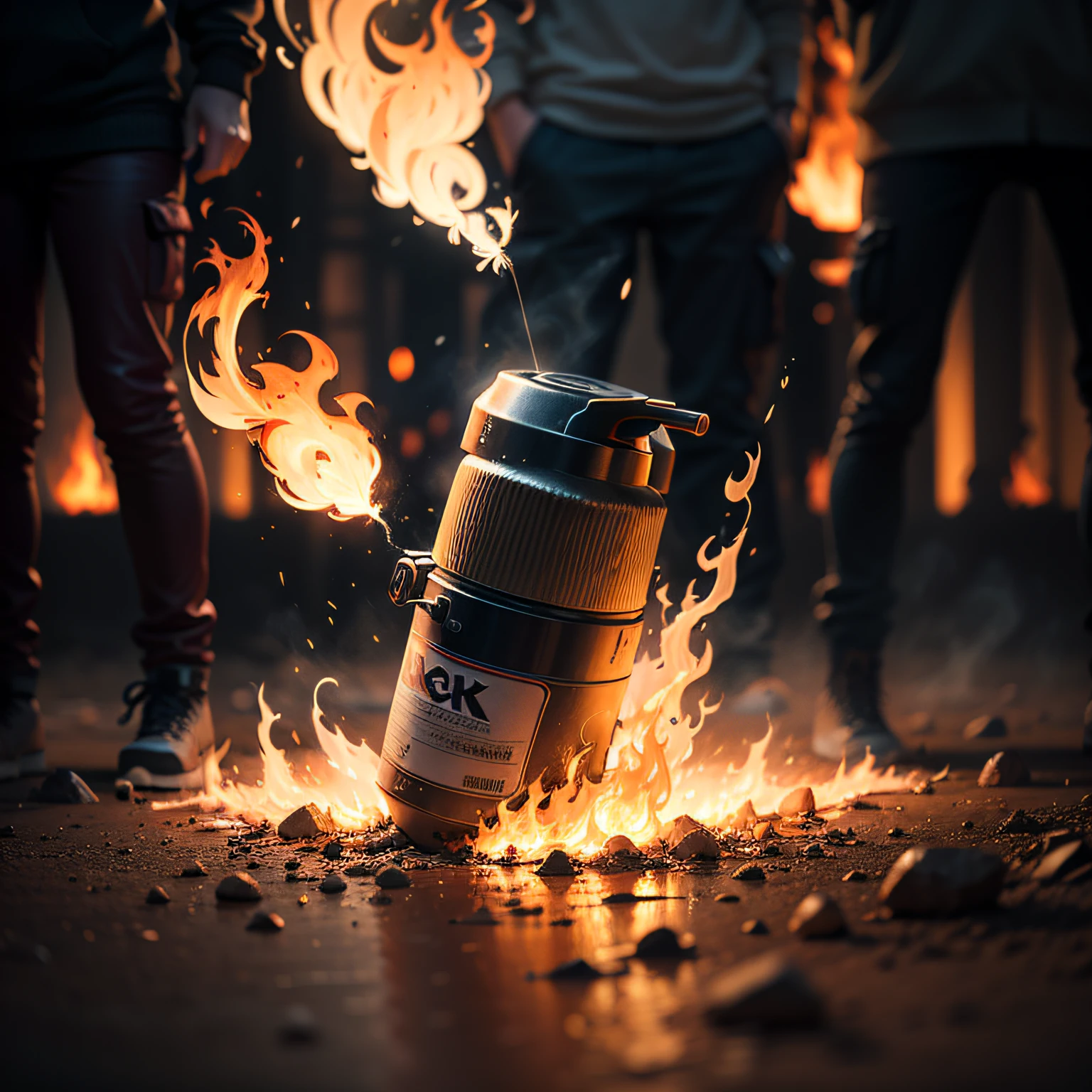 cinematic shot of a spray, cute realistic, surrounded by fire, seamless, epic, cinematic, intricate details, award-winning, great lighting, shading, high quality, detailed --auto