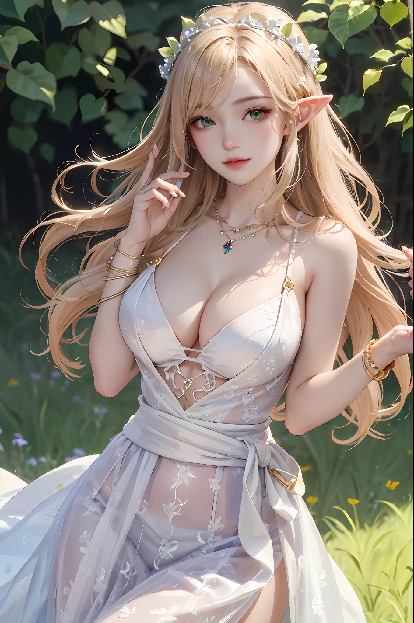 Masterpiece, Best Quality, 8K, Detailed Skin Texture, Realistic, Detailed Cloth Texture, Beautiful Detail Face, Intricate Detail, Solo, 1 Cute Girl, Elf, Ultra Detailed, Detailed Hair, Long Blonde Hair, Qi Bangs, Blush, Light Smile, (open eyes: 1.3, green eyes), (eye reflex: 1.6), shyness, (smooth, skin reflects light), (slim, flower motif, silver-white lace-trimmed princess dress, flower crown, emerald headdress, lots of diamond jewelry, lots of emerald jewelry, (bracelets, anklets, waist chains), chest two points bulge, no bra, dynamic pose, updraft), (((red yarn tangled body))), (big breasts), thighs, extreme gorgeousness, fantasy style, lavender pastoral background, depth of field, Side lens