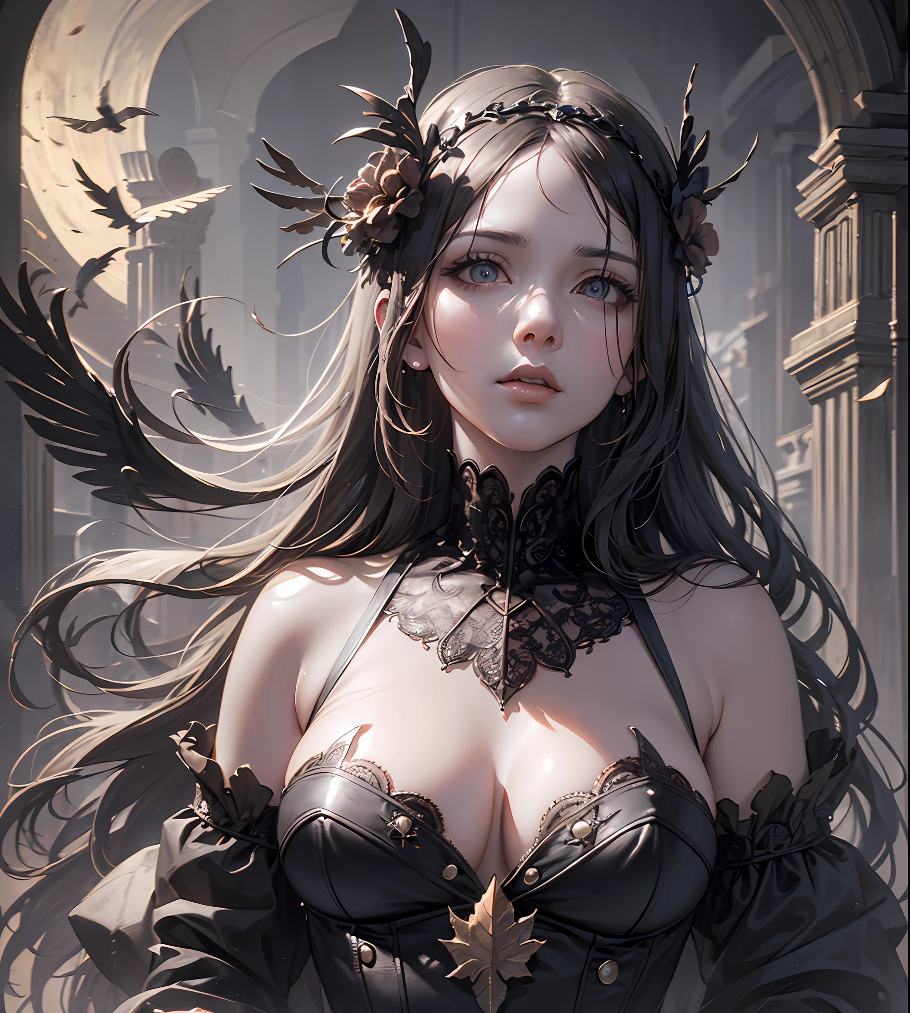 An extremely detailed portrait of a beautiful gothic woman in a victorian decorum, perfect body, (realistic woman), ((detailed Background)), (detailed grey sky), (detailed gothic suit), {detailed eyes). (dramatic lighting), ((Masterpiece)), ((crows)), ((perfect detailed hands)), detailed cloud, ((intricate detail)), (((mature woman))), red Jewel-like eyes, (floating Strands of hair), long hair, (((smooth wet skin))), (Haze), moonlight, ((surrounded by floating dust and leafs)), focus on the subject, chiaroscuro, wind, road, church, HD wallpaper, UHD image, trending on Pixiv -auto --auto --s2