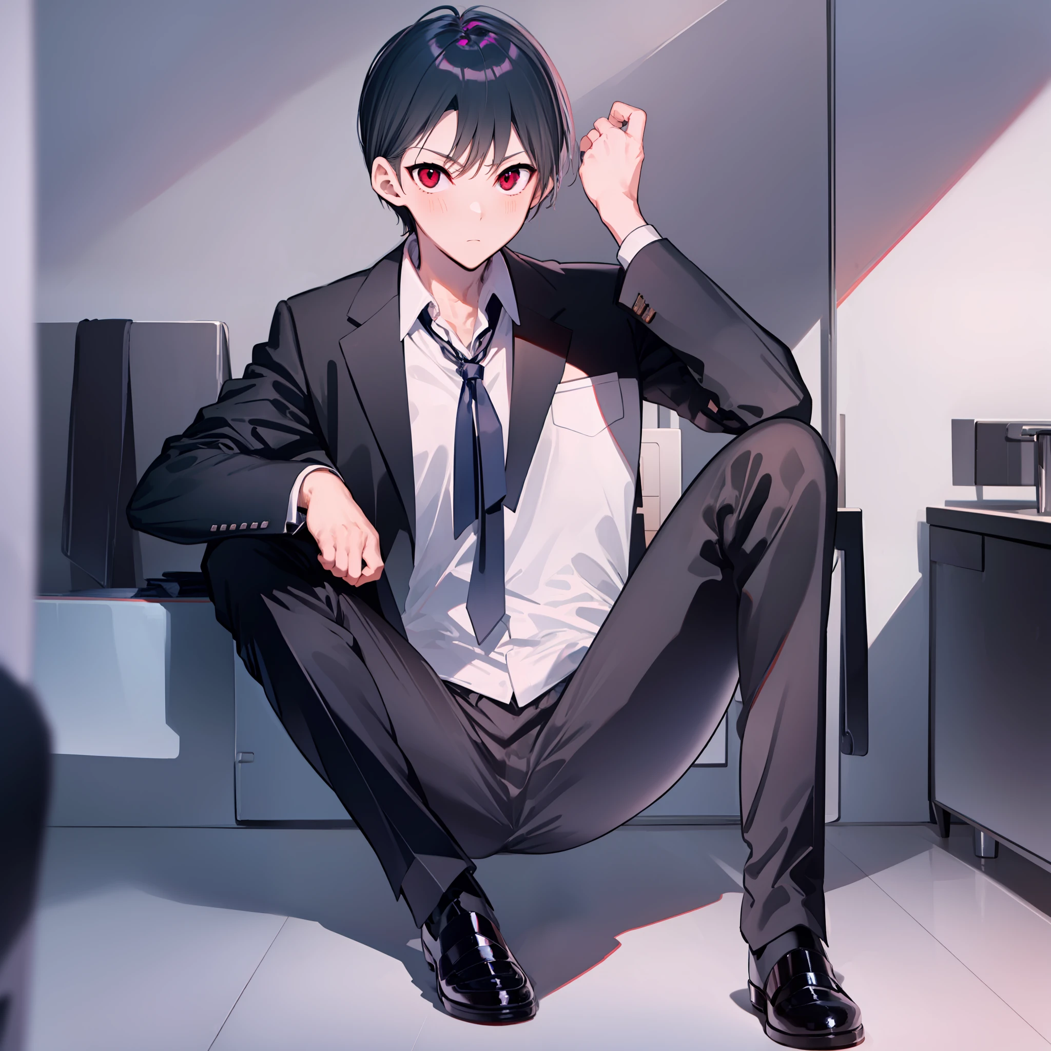 ((masterpiece)), ((best quality)), highres, There's only one person, 1boy, kiyotaka ayanokoji, 15 year old age boy, school uniform white shirt black jacket open jacket black tie long black pants sitting, red eyes, short black hair, anatomically correct full body, has a jesus necklace around his neck, normal legs, wears black shoes, (He is standing inside a bathroom looking at the mirror of a bathroom), ((he has a scared face and confusion)), ((complete detallado escenario)), ((misterio)), ((terror)), ((tense environment))