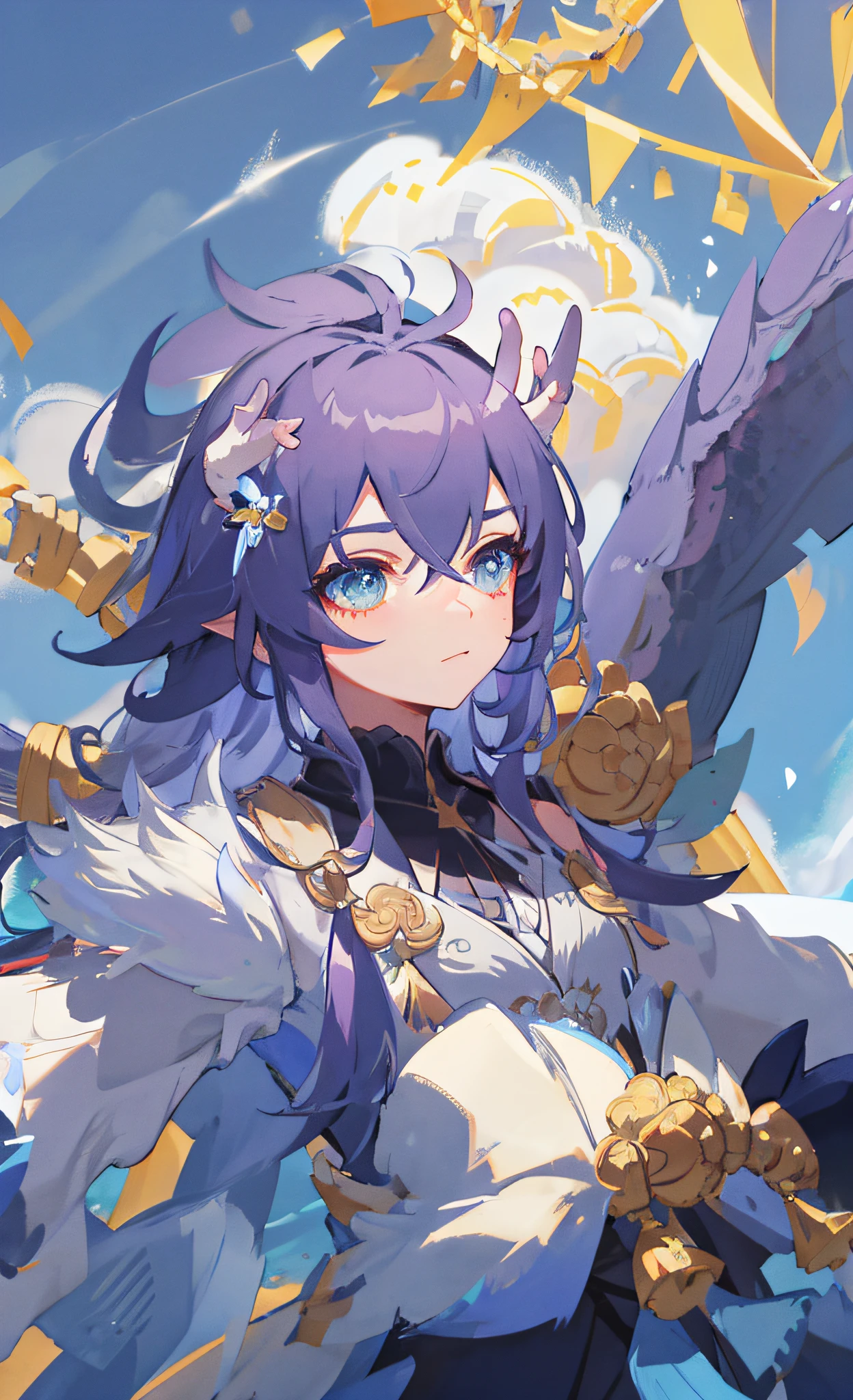 (Masterpiece), (Excellent), (Very Fine), White Dew, Straight Eyes, Spectator, Dragon's Tail Horns, Upper Body, Flowers, Streamer, Clouds, Best Quality, 4K.