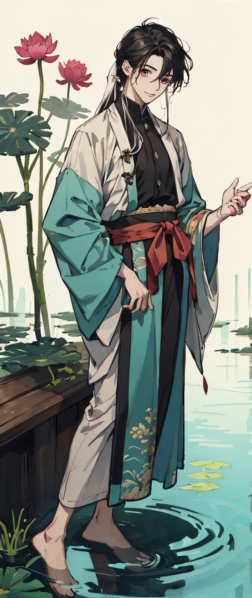 ((4k,masterpiece,best quality)), shuimobysim, Chinese painting, lotus, hanfu, maxiskit, dress conservatively 1boy, solo, man tied hair, smile, standing, feet in the water, barefoot,