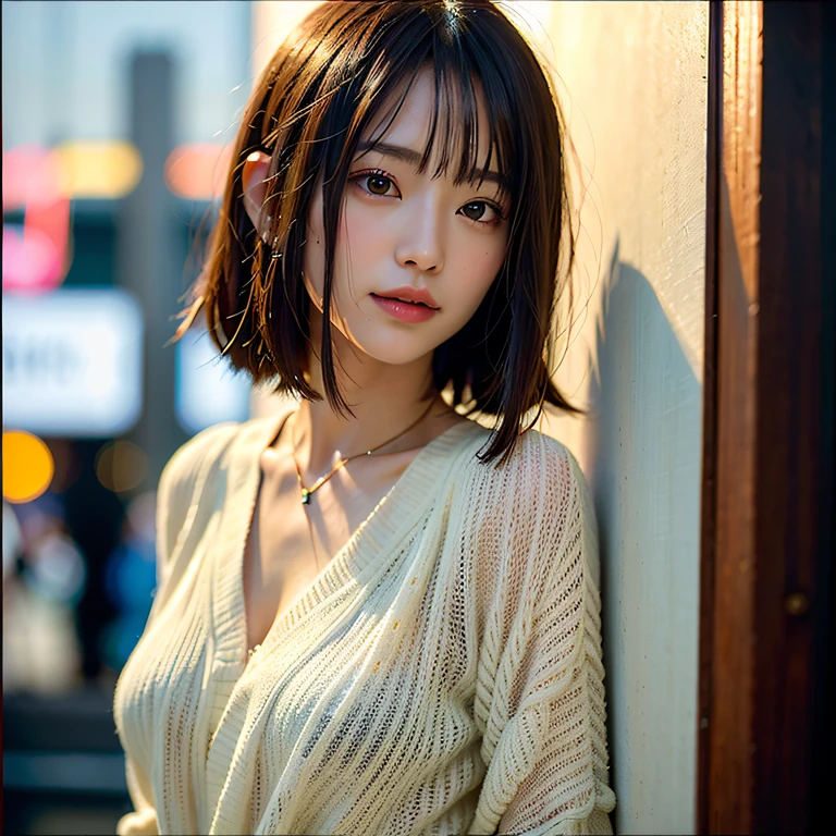 (Best quality, 8k, 32k, Masterpiece, UHD:1.2),Photo of Pretty Japanese woman, large breasts, very short bob hair,upper body,face focus,oversized_sweater, necklace, simple background, from above, looking at viewer,