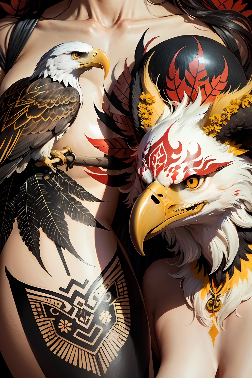 eagle bones neotraditional tattoo style subrealism leaves and oni mask contrast color between red light and yellow , in black ink liner draw backgground color white high details on hands flowers dark, high quality, highres, detail enhancement, best quality, high quality, highres, detail enhancement --auto --s2