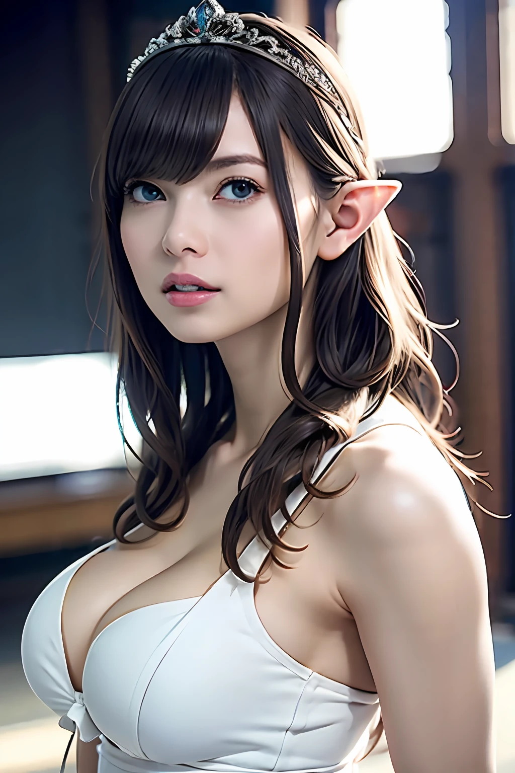 Ultra-detailed complex 3D rendering of the face, (Colossal: 8.8), (masterpiece, top quality, octane rendering, 8K), glamour shot full body image, very beautiful young elf, cleavage, (very detailed skin: 1.2), (exposure: 1.1), (blonde elf)))), (wearing a plummeted tank top of white silk: 1.5)), , Beautiful Caucasian woman with big buttocks full soft breasts and white skin, one, long braided hair, big breasts, dynamic angle, mystical expression, ultra-realistic photos, (((((portrait)))), bare feet, futuristic urban background, facial muscles, detailed and beautiful queen tiara, in the style of Marvel Comics, ArtStation trends, clear focus, studio photography, Intricate detail, highly detailed, detailed yellow eyes, sharp focus, digital rendering, professional, abs, shot with Canon EOS R 6, ((Sexy Pose)))), Natural jungle, Mouth opening lightly, buttocks, mans,