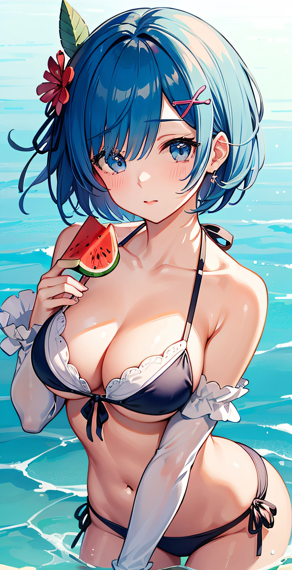 （masterpiece, best quality;1.3), ultra detailed, ooking at viewer, rem_re_zero, Facial close-up,blue hair, short hair, hair ornament, cleavage, detached sleeves, masterpiece, top quality, best quality, 1 little girl, swimsuit party, in the water,ice cream，fish,watermelon,cute style, perfect structure, summer theme，sexy bikini，