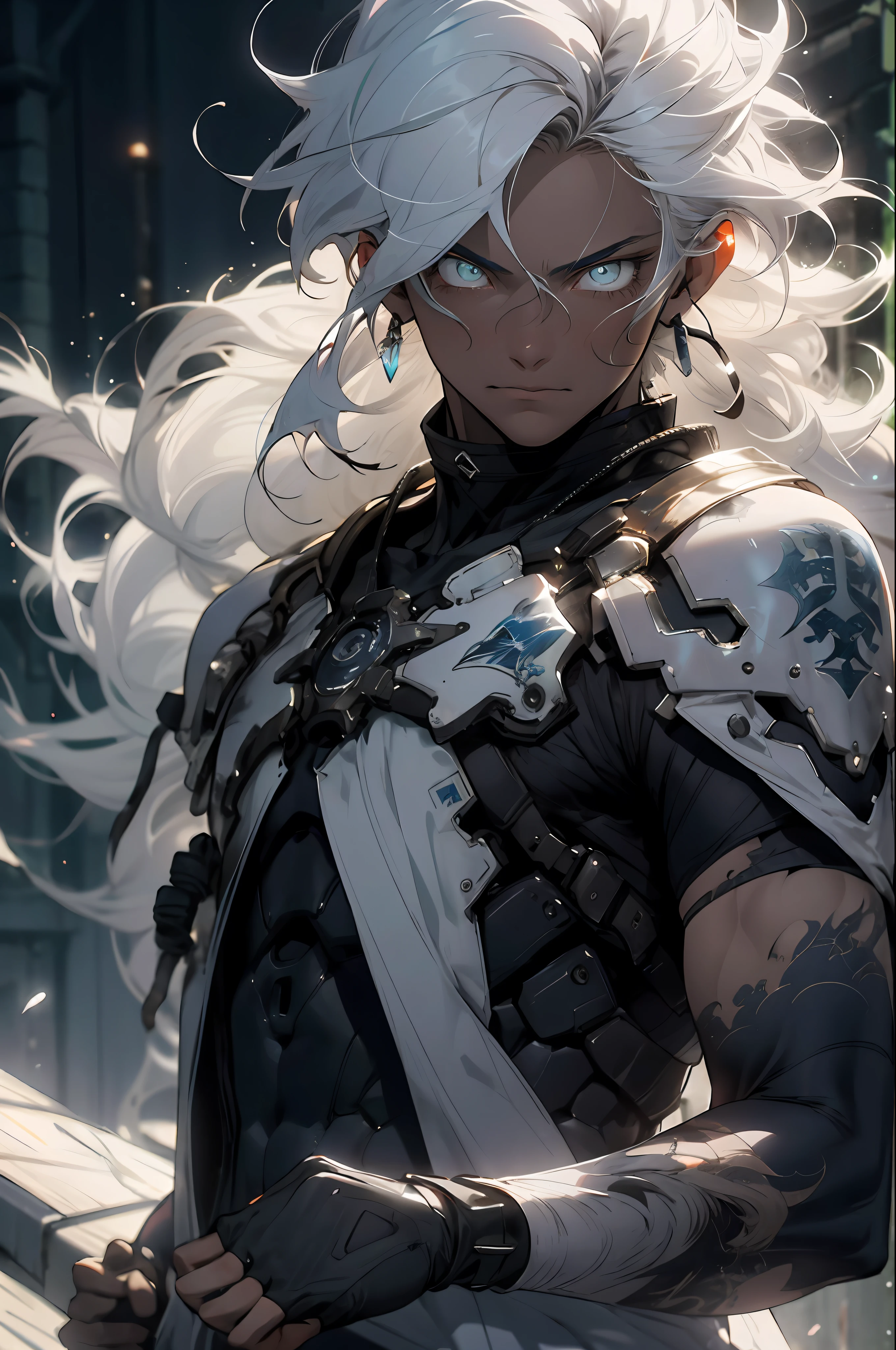 a boy, absurdres, highres, ultra detailed, grumpy lighting, quiet, calm, brightness, masterpiece, best quality, 15 year old boy, ultra detailed clothes, dark fantasy movie of the 90s still, white hair, big hair, straight hair, combed hair, white eyes, ultra detailed eyes, white skin, light effects, chromatic effect, bioluminescence, ultra detailed scenery, chaotic background,