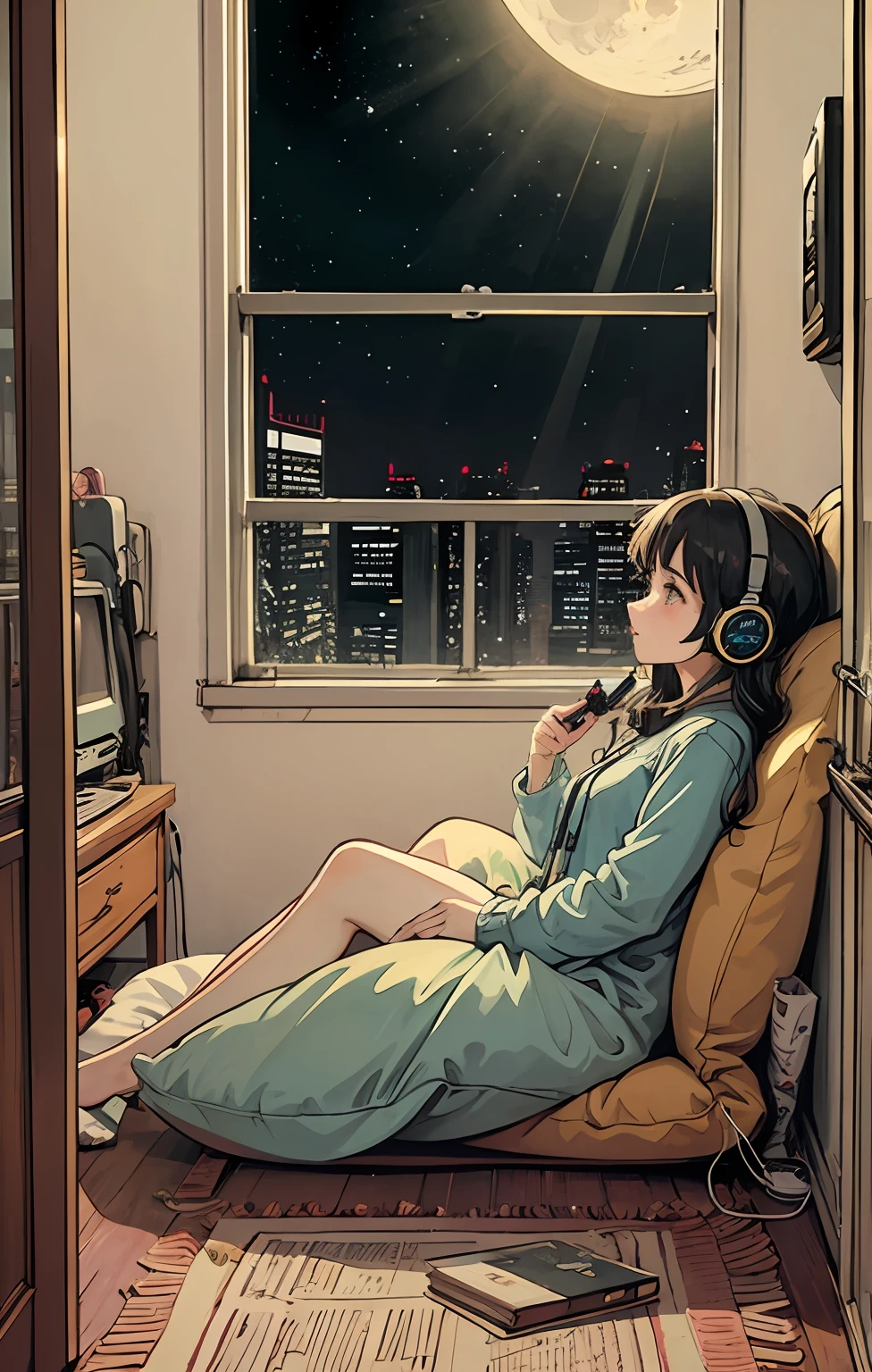 1 girl, 90's anime style, night, studio room, moon, girl with headphones, late night room, listening to music alone, city pop, low quality, lo-fi, chill, late night, room living alone, dark room, futuristic night view outside the window, dark room