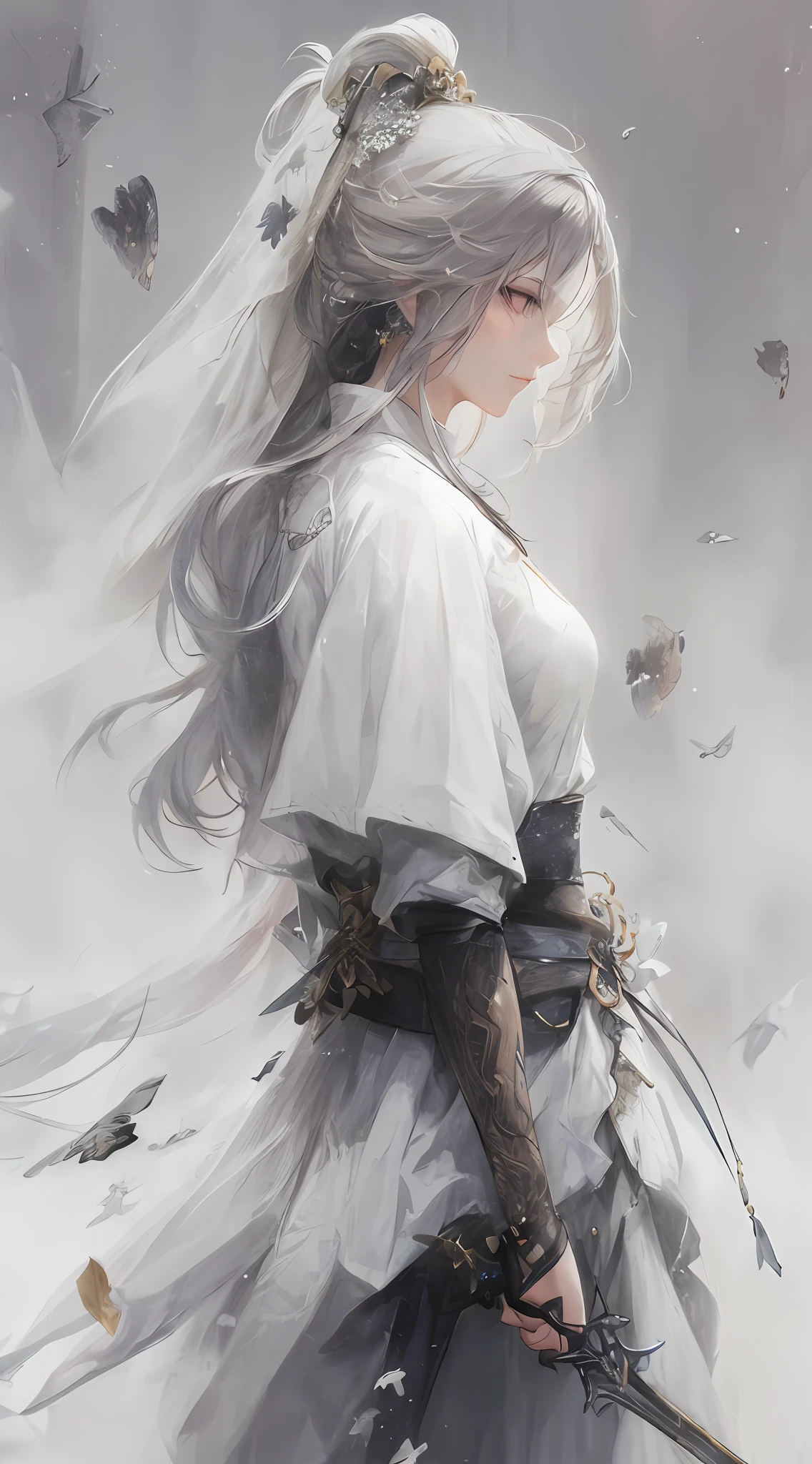 a close up of a woman with a sword in a white dress, a character portrait by Yang J, trending on cgsociety, fantasy art, beautiful character painting, artwork in the style of guweiz, guweiz, white hanfu, flowing white robes, full body wuxia, epic exquisite character art, stunning character art, beautiful female assassin, purple eyes, purple hair, eyewear on head