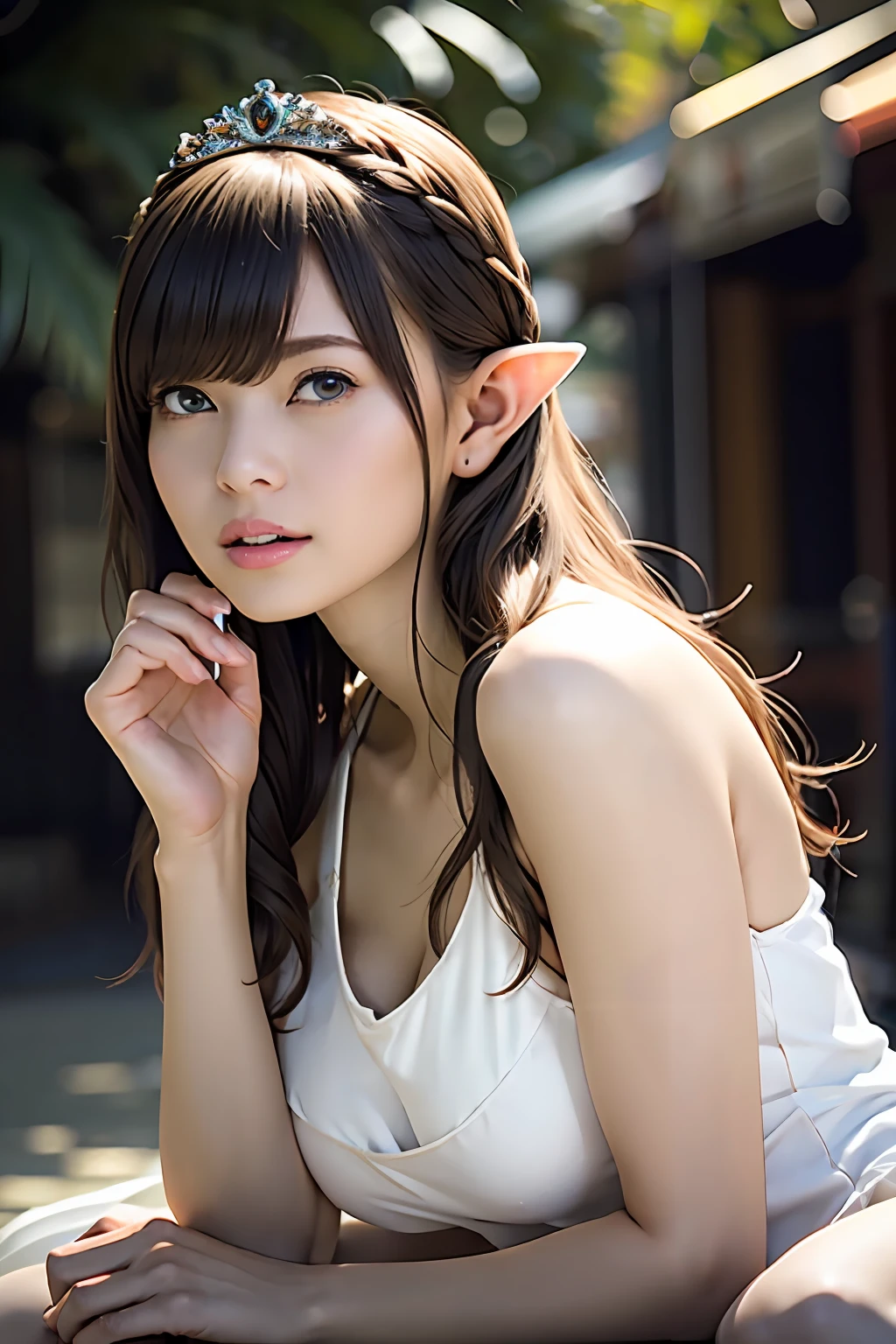 Ultra-detailed complex 3D rendering of the face, (Colossal: 8.8), (masterpiece, top quality, octane rendering, 8K), glamour shot full body image, very beautiful young elf, cleavage, (very detailed skin: 1.2), (exposure: 1.1), (blonde elf)))), (wearing a plummeted tank top of white silk: 1.5)), , Beautiful Caucasian woman with big buttocks full soft breasts and white skin, one, long braided hair, big breasts, dynamic angle, mystical expression, ultra-realistic photos, (((((portrait)))), bare feet, futuristic urban background, facial muscles, detailed and beautiful queen tiara, in the style of Marvel Comics, ArtStation trends, clear focus, studio photography, Intricate detail, highly detailed, detailed yellow eyes, sharp focus, digital rendering, professional, abs, shot with Canon EOS R 6, ((Sexy Pose)))), Natural jungle, Mouth opening lightly, buttocks, mans,