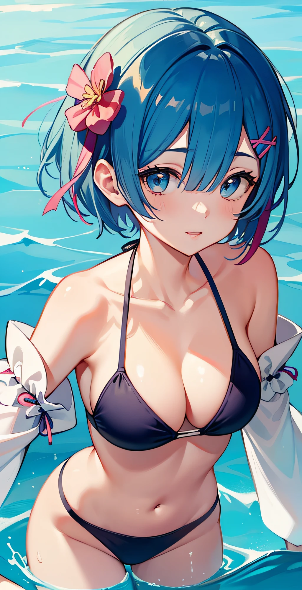 (masterpiece, best quality;1.3), ultra detailed, ooking at viewer, rem_re_zero, Facial close-up,blue hair, short hair, hair ornament, cleavage, detached sleeves, masterpiece, top quality, best quality, 1 girl, swimsuit party, in the water,ice cream,fish,watermelon,cute style, perfect structure, summer theme,sexy bikini,