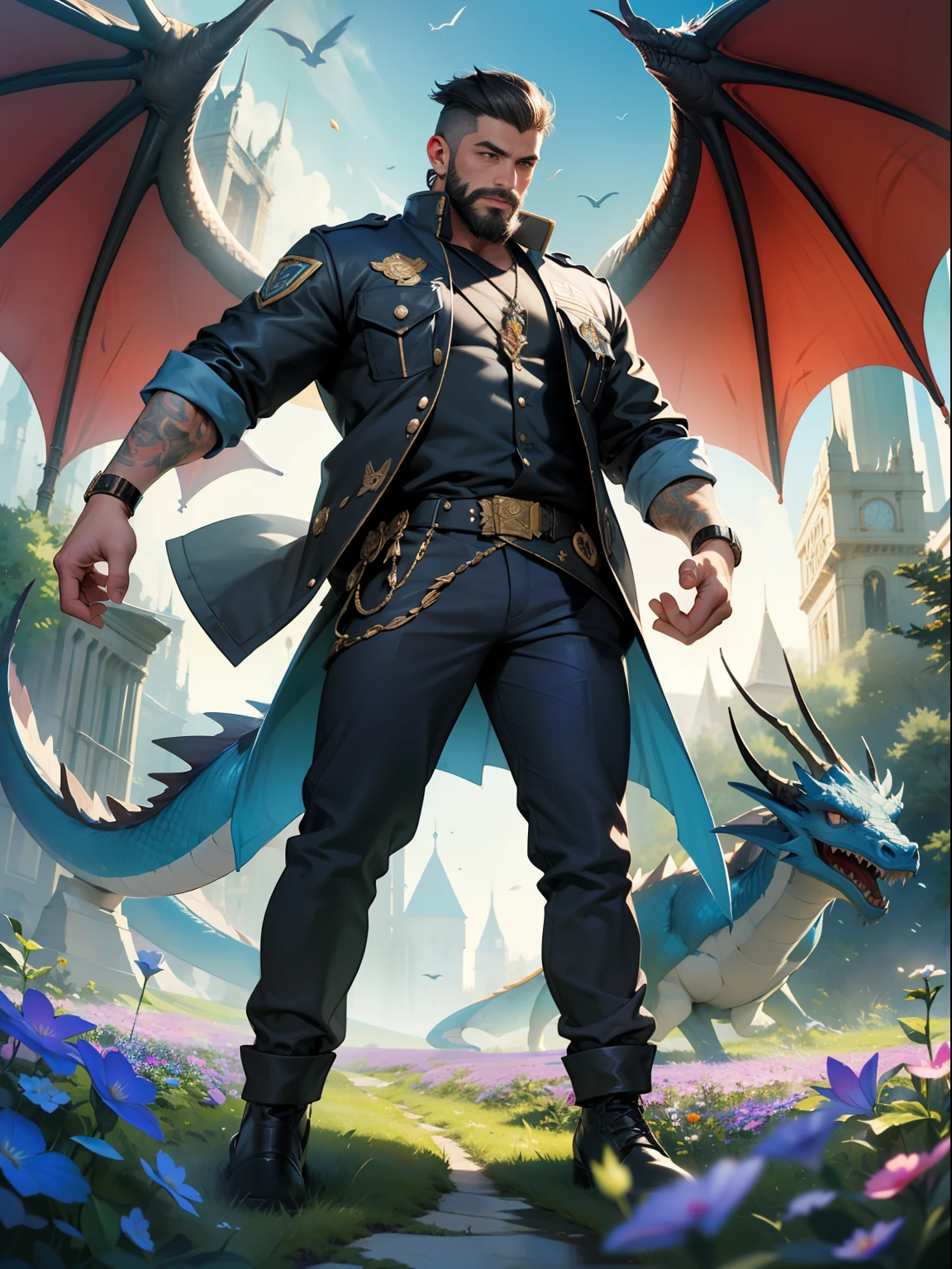 (Masterpiece) High quality, ultra-detailed illustration, high resolution, showing a full-body handsome mature male policeman with toned muscles, short hair, undertrimmed beard, wearing a jacket, summoning dragons in a flower field and entering the real world, surreal and glamorous. Graphic design, highlighting the depth of field effect, he is a Magic the Gathering player and playing magic cards.