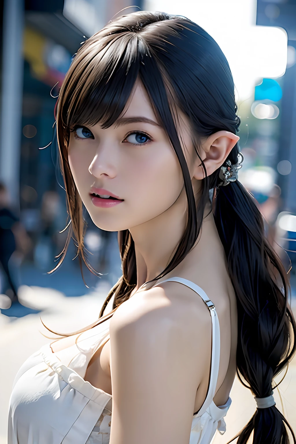 Ultra-detailed complex 3D rendering of the face, (Colossal: 8.8), (masterpiece, top quality, octane rendering, 8K), glamour shot full body image, very beautiful young elf, cleavage, (very detailed skin: 1.2), (exposure: 1.1), (blonde elf)))), (wearing a plummeted tank top of white silk: 1.5)), , Beautiful Caucasian woman with big buttocks full soft breasts and white skin, one, long braided hair, big breasts, dynamic angle, mystical expression, ultra-realistic photos, (((((portrait)))), bare feet, futuristic urban background, facial muscles, detailed and beautiful queen tiara, in the style of Marvel Comics, ArtStation trends, clear focus, studio photography, Intricate detail, highly detailed, detailed yellow eyes, sharp focus, digital rendering, professional, abs, shot with Canon EOS R 6, ((Sexy Pose)))), Natural jungle, Mouth opening lightly, buttocks, mans,