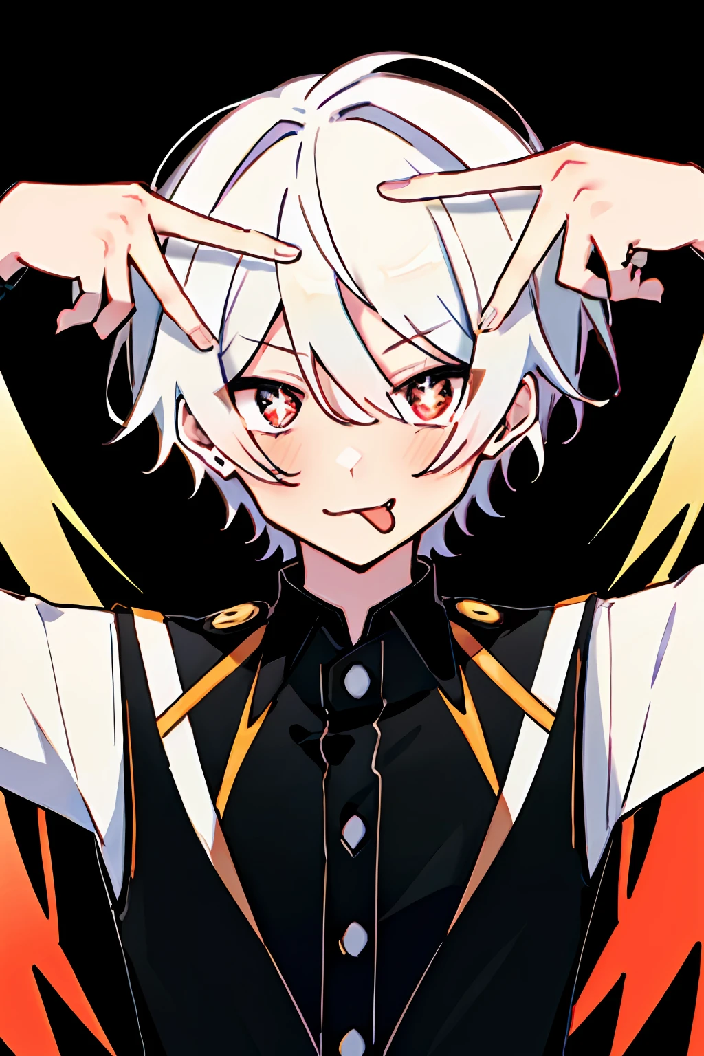 ai's pose, 1boy, solo, :p, v, black background, double v, 1boy, star (symbol), short, young boy, short white hair, red eyes, symbol-shaped pupils, star (symbol), symbol-shaped pupils,